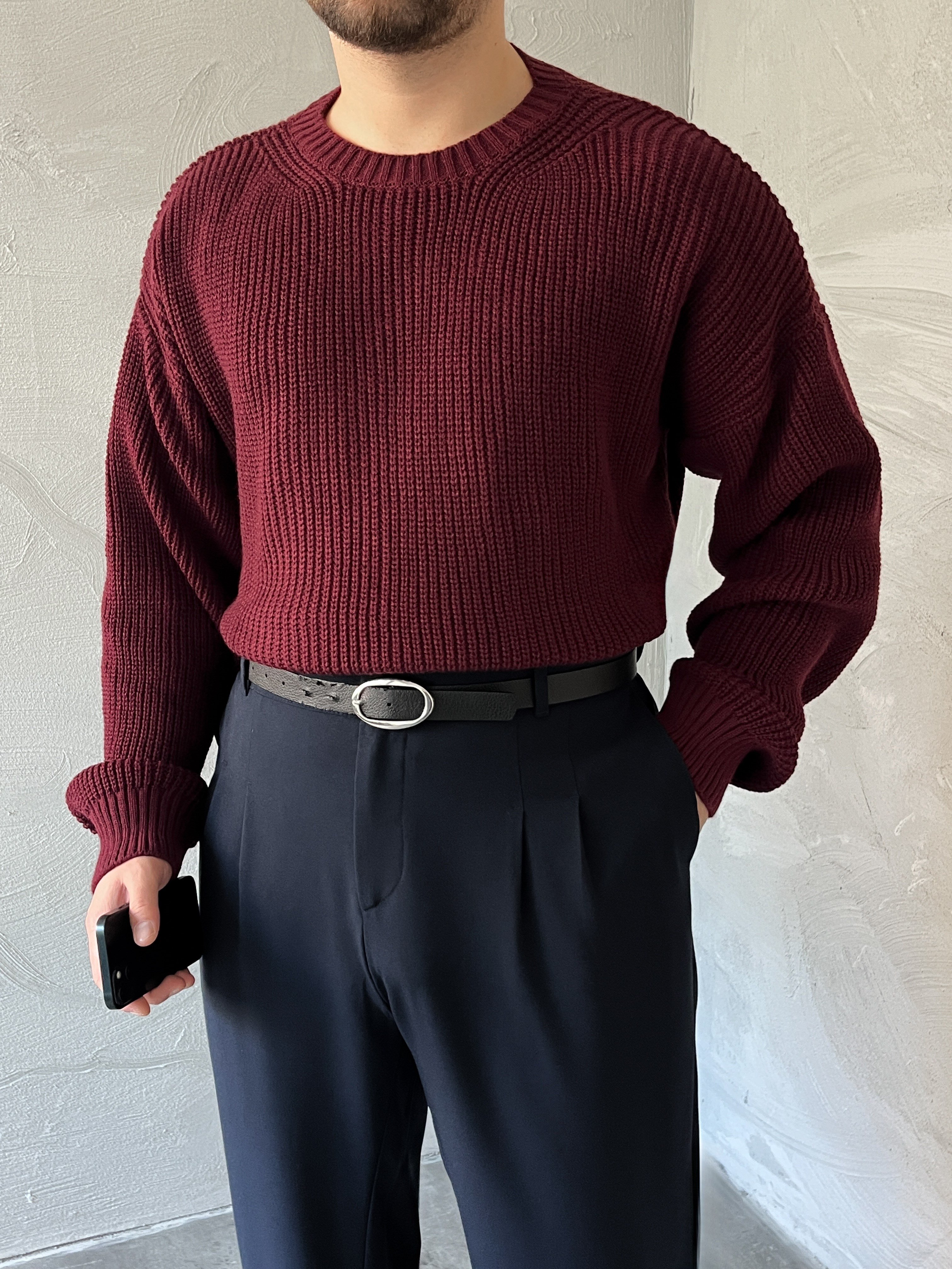 Bordo Basic Örgü Oversize Kazak