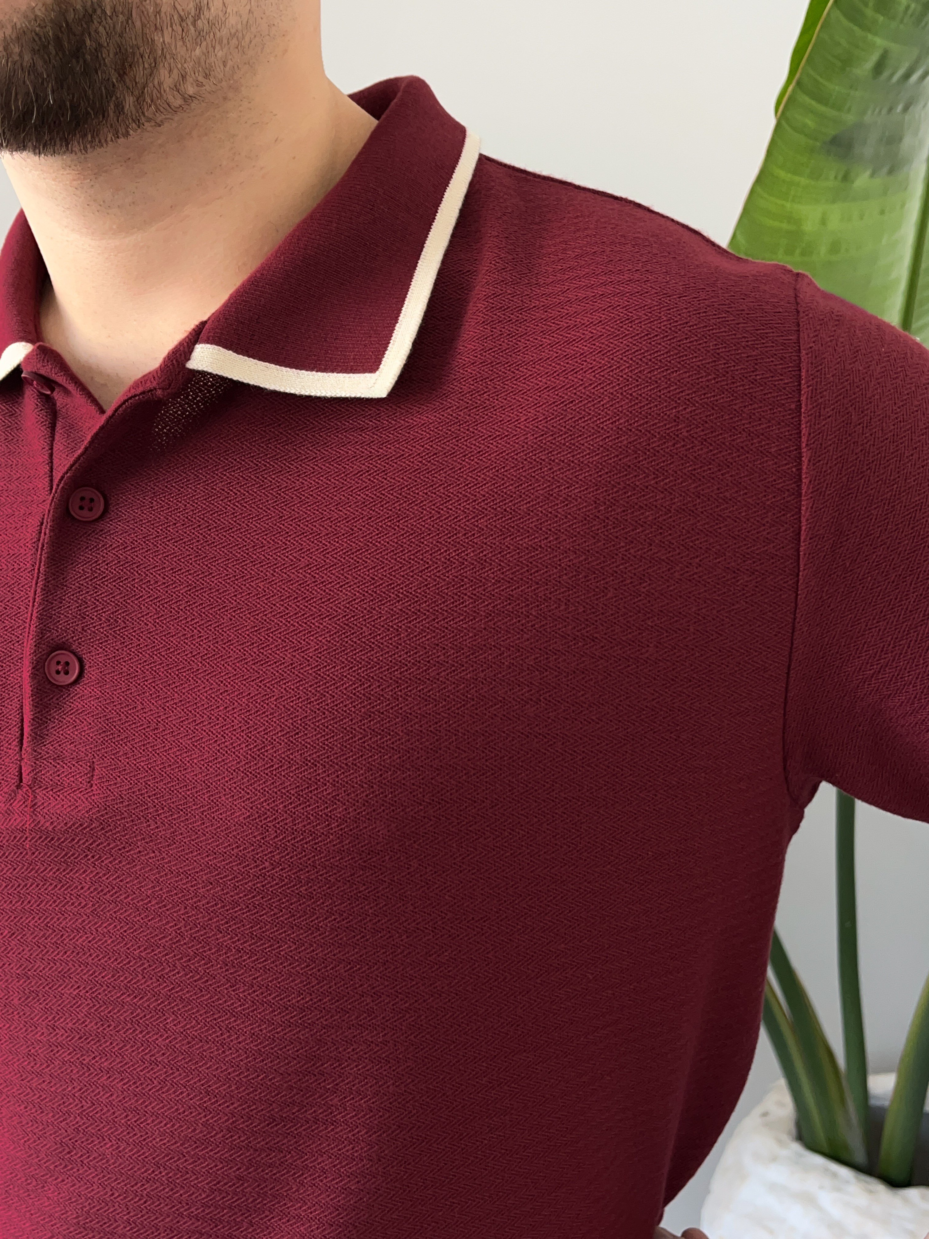 Bordo Çizgi Detay Polo Yaka Triko T-shirt