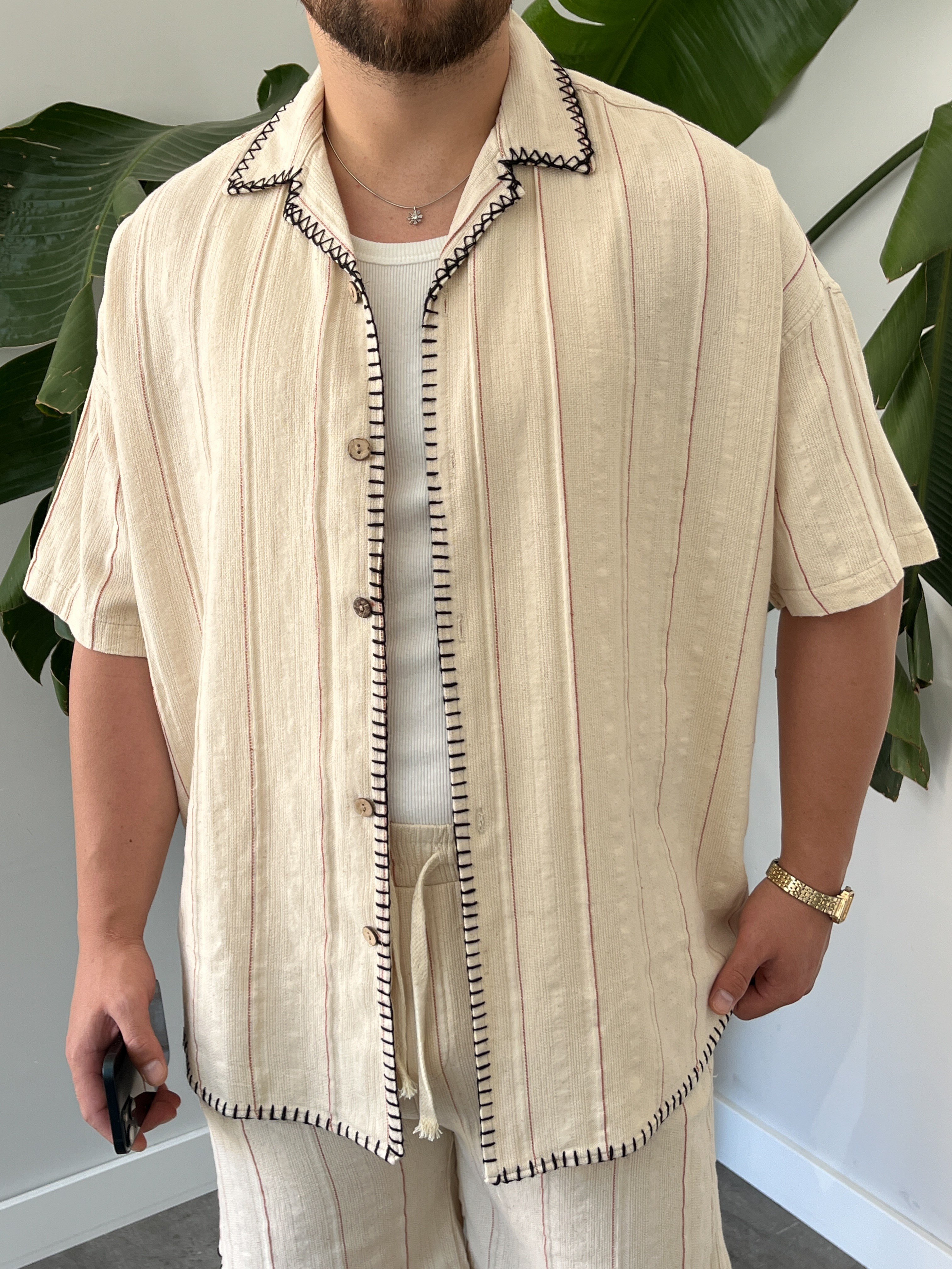 Bordo Çizgili Kontrast Dikiş Oversize Takım