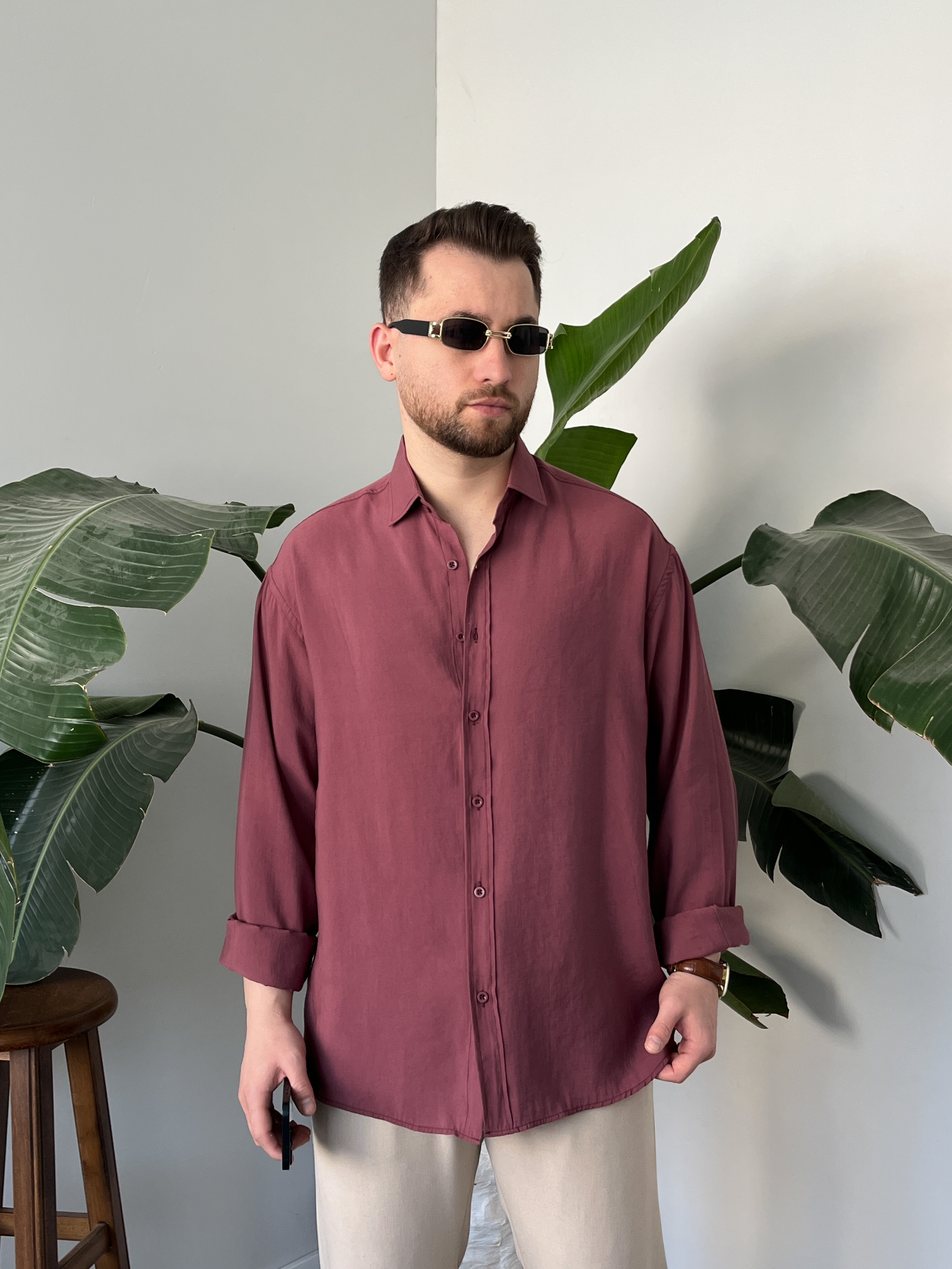 Bordo Yıkamalı Tensel Oversize Gömlek