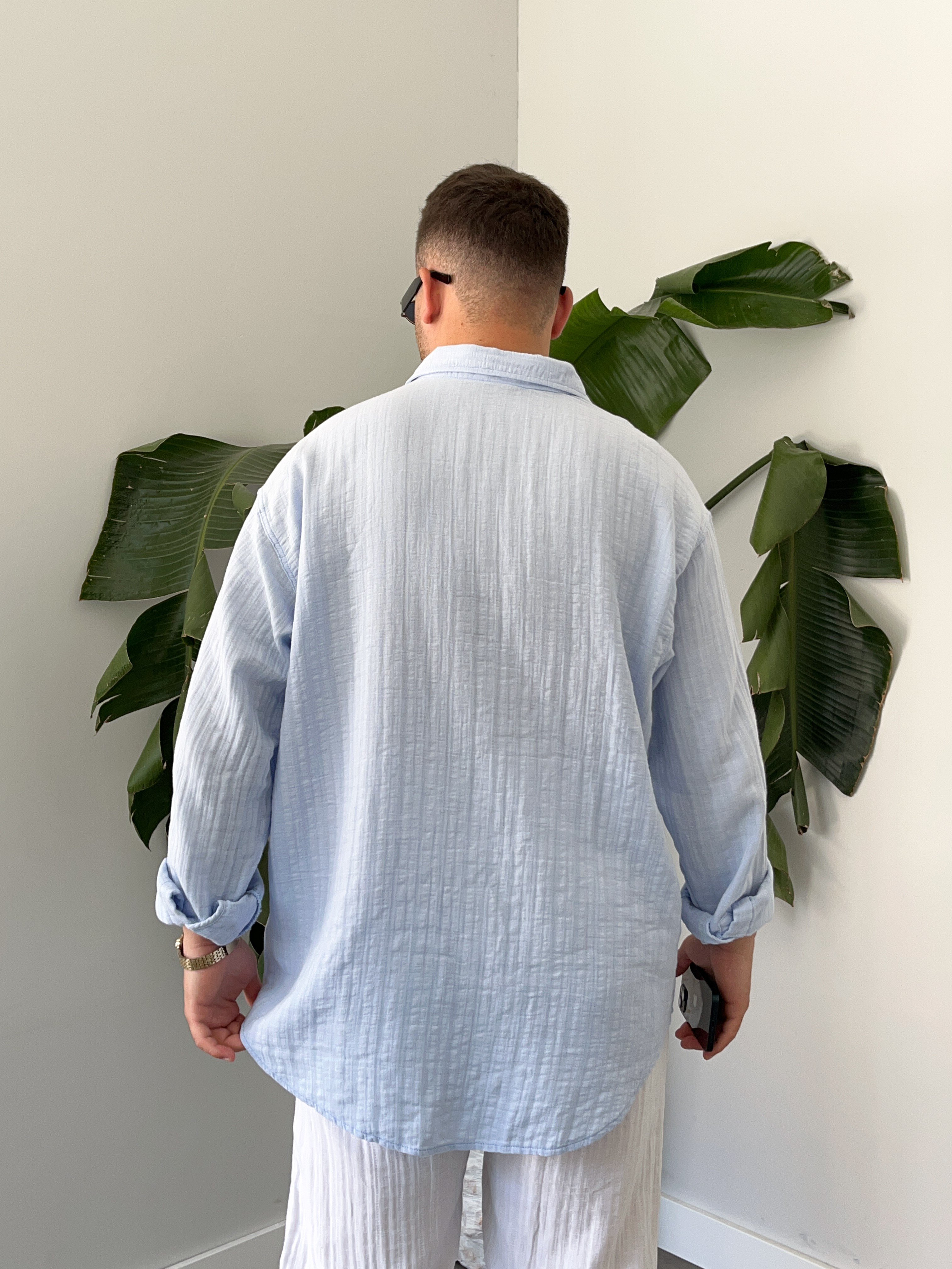 Buz Mavi Armürlü Müslin Oversize Gömlek
