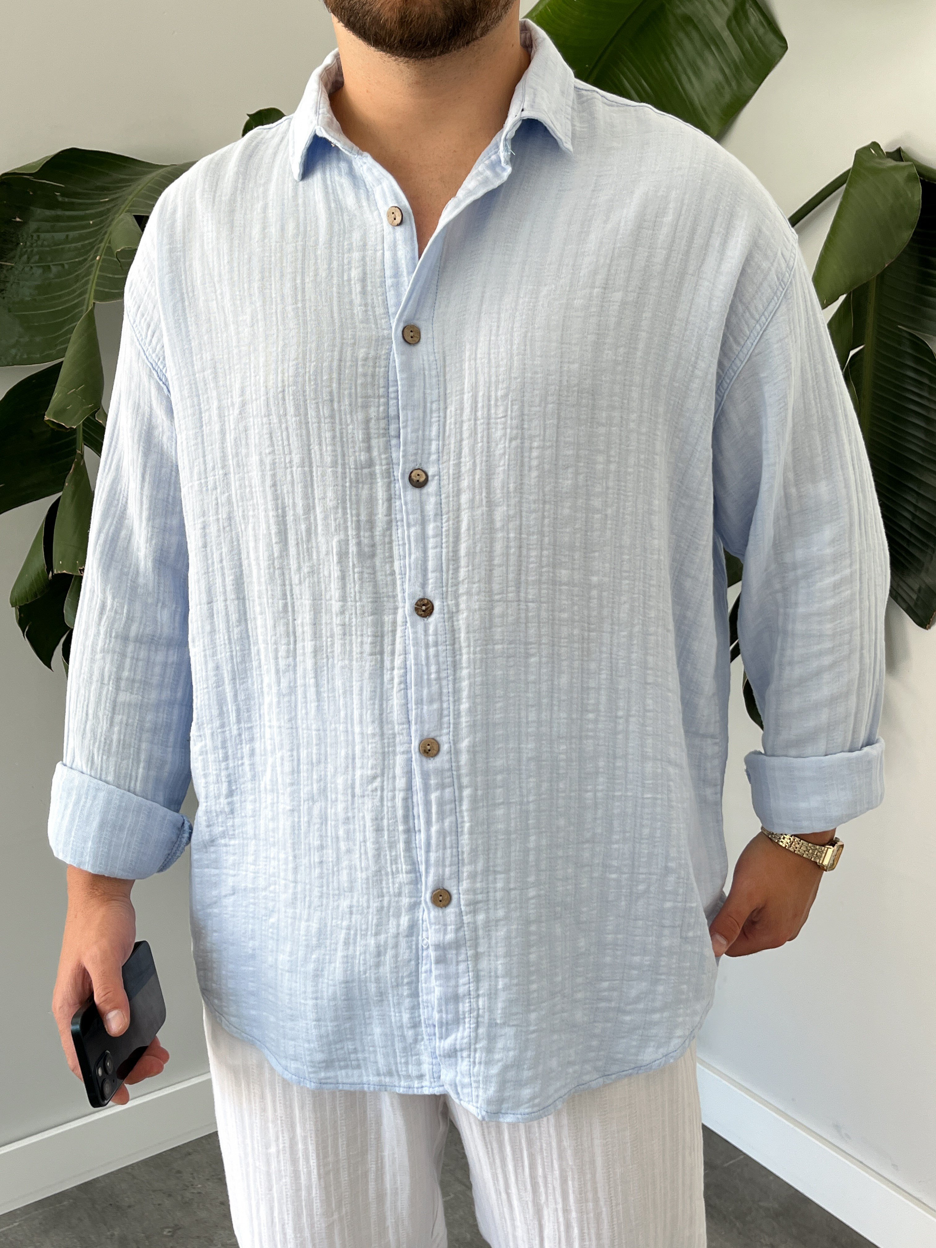 Buz Mavi Armürlü Müslin Oversize Gömlek
