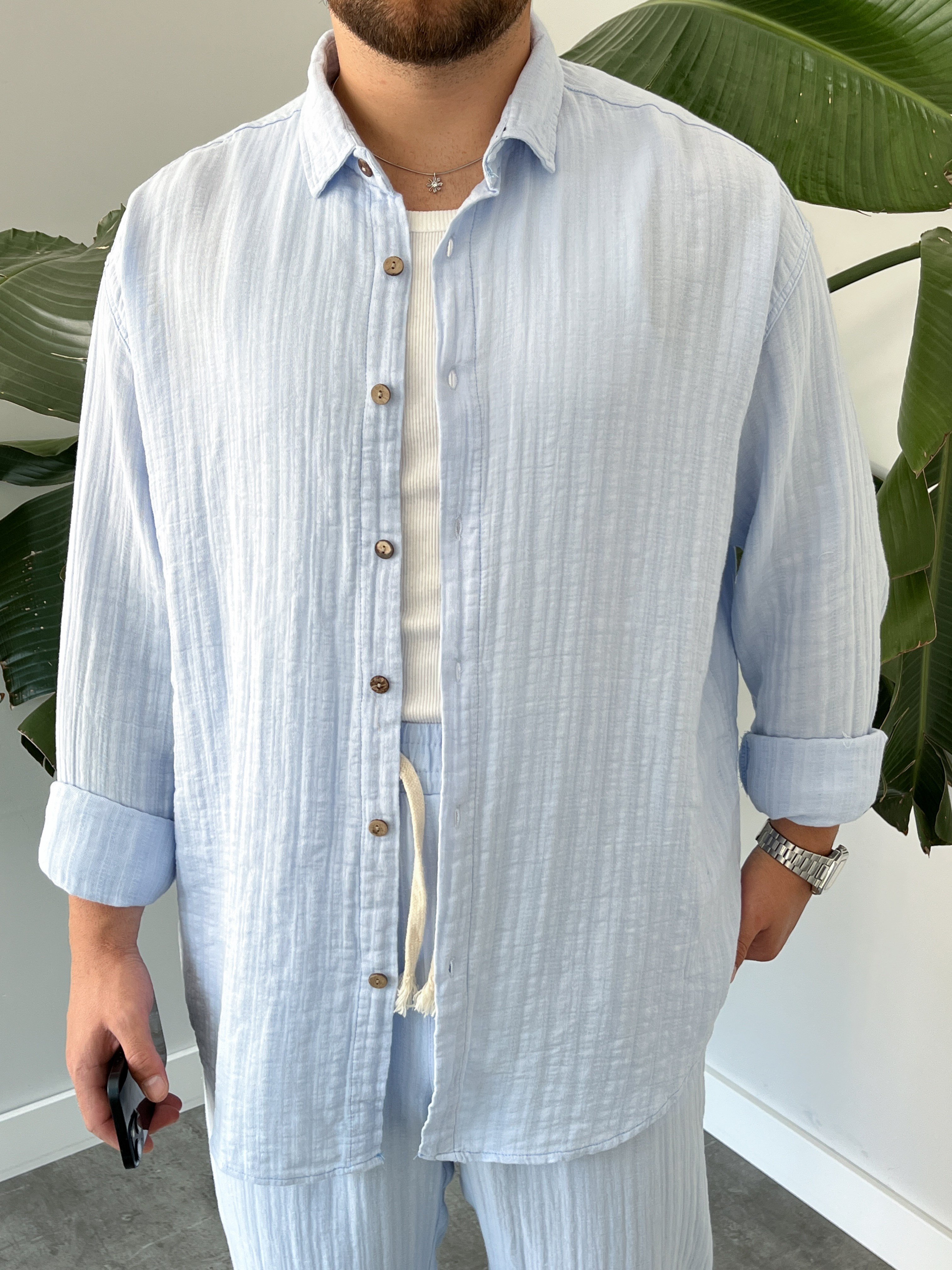 Buz Mavi Armürlü Müslin Oversize Takım