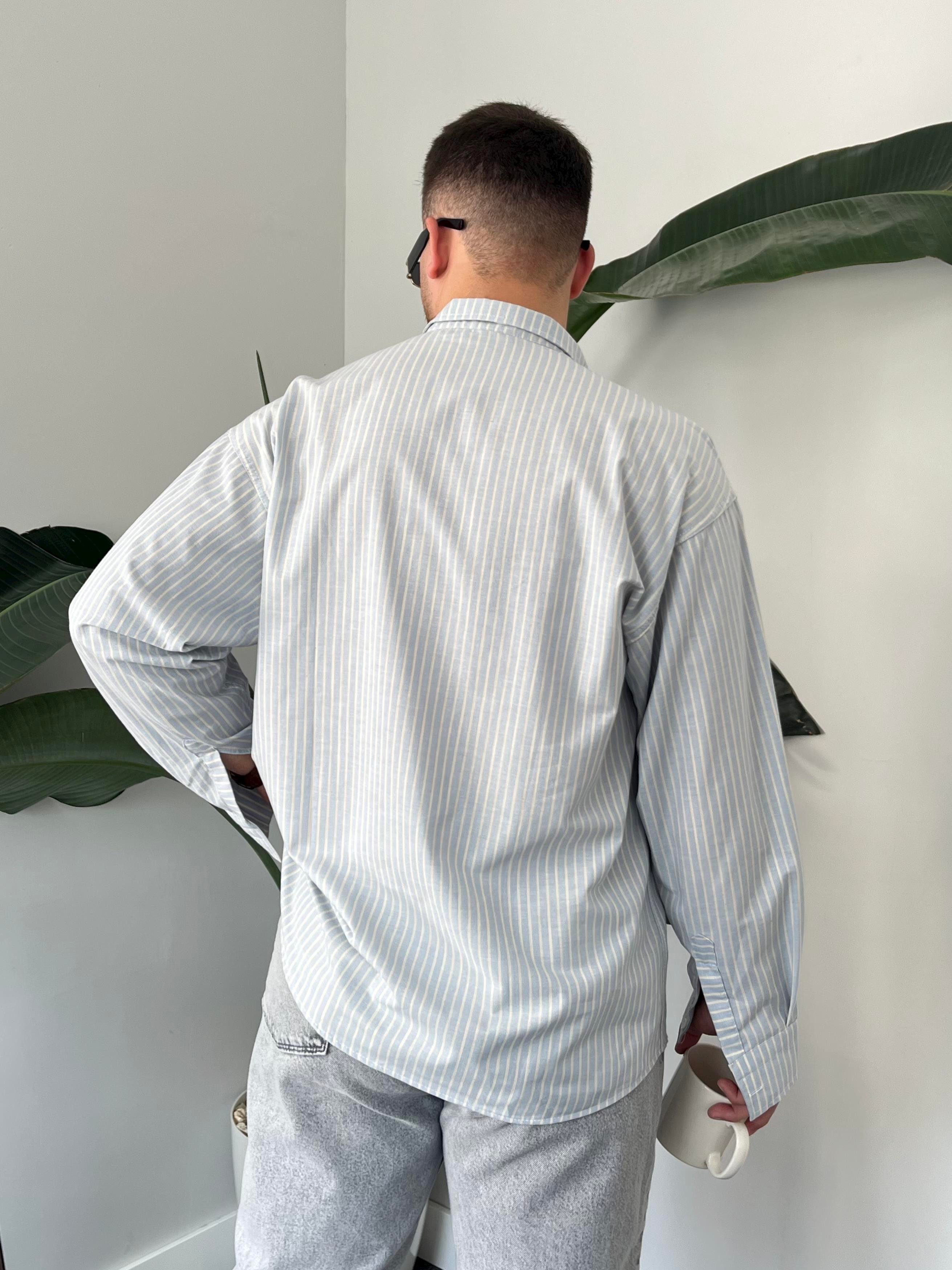 Buz Mavi Casual Çizgili Oversize Gömlek