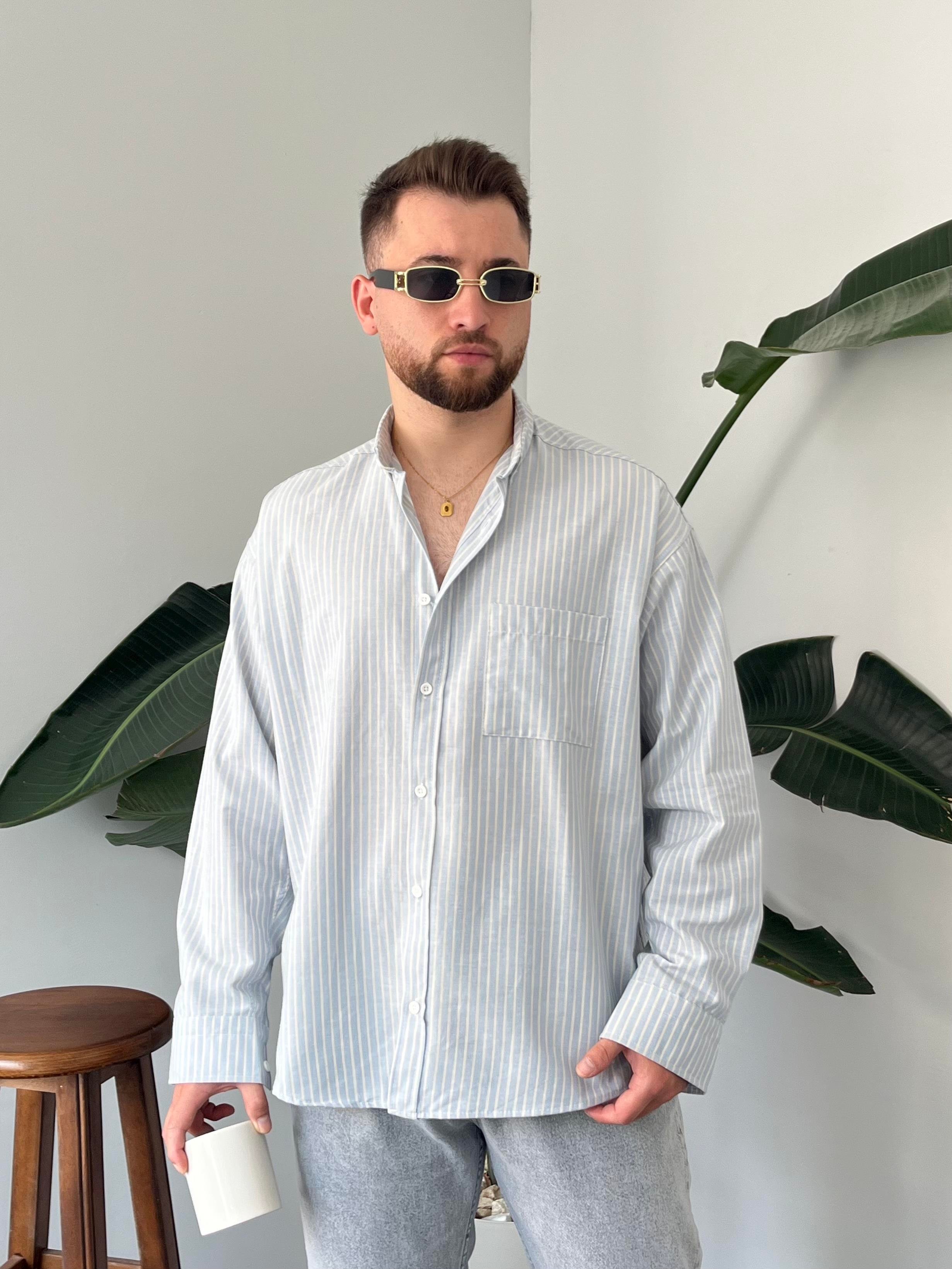 Buz Mavi Casual Çizgili Oversize Gömlek