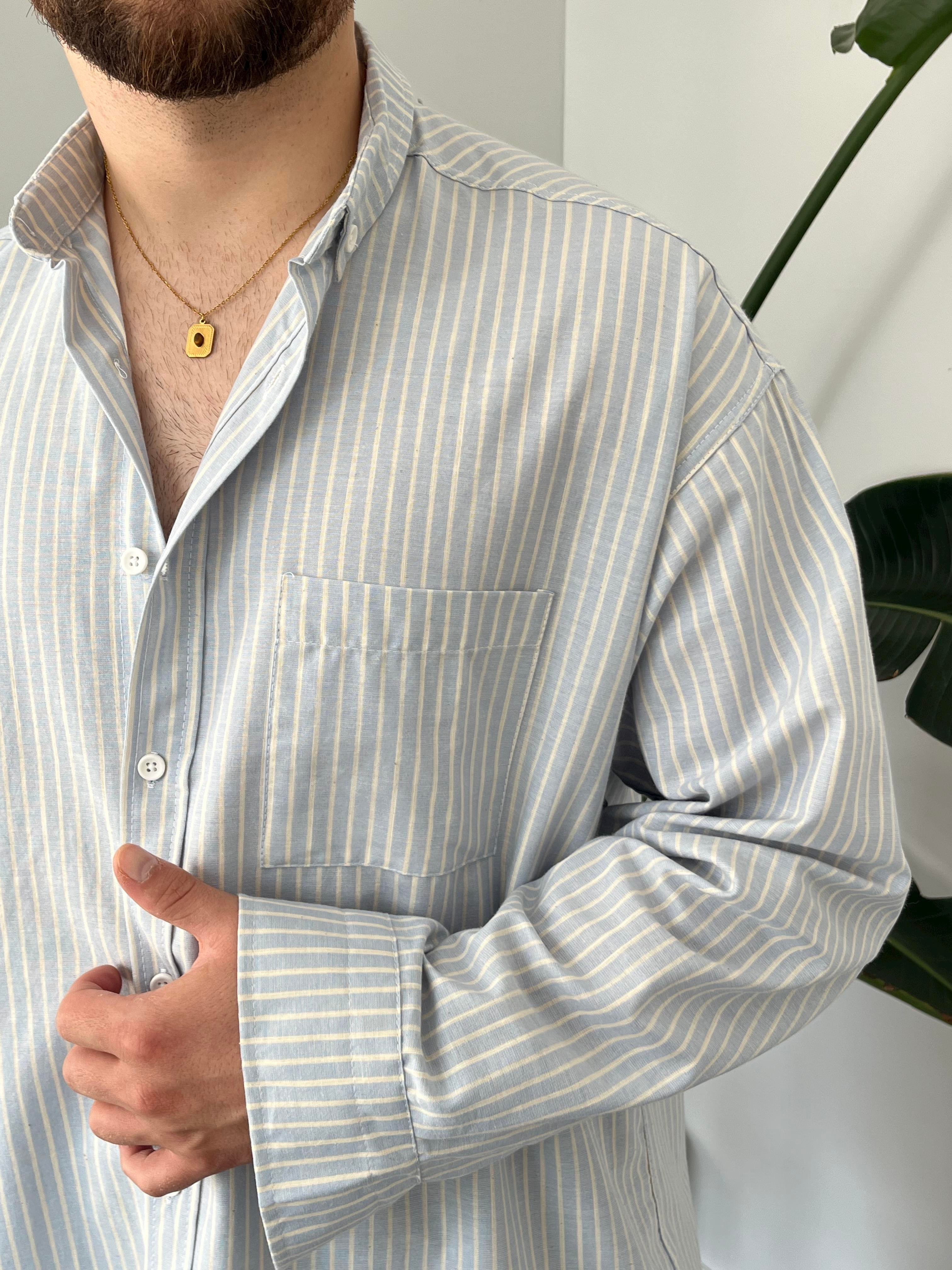Buz Mavi Casual Çizgili Oversize Gömlek