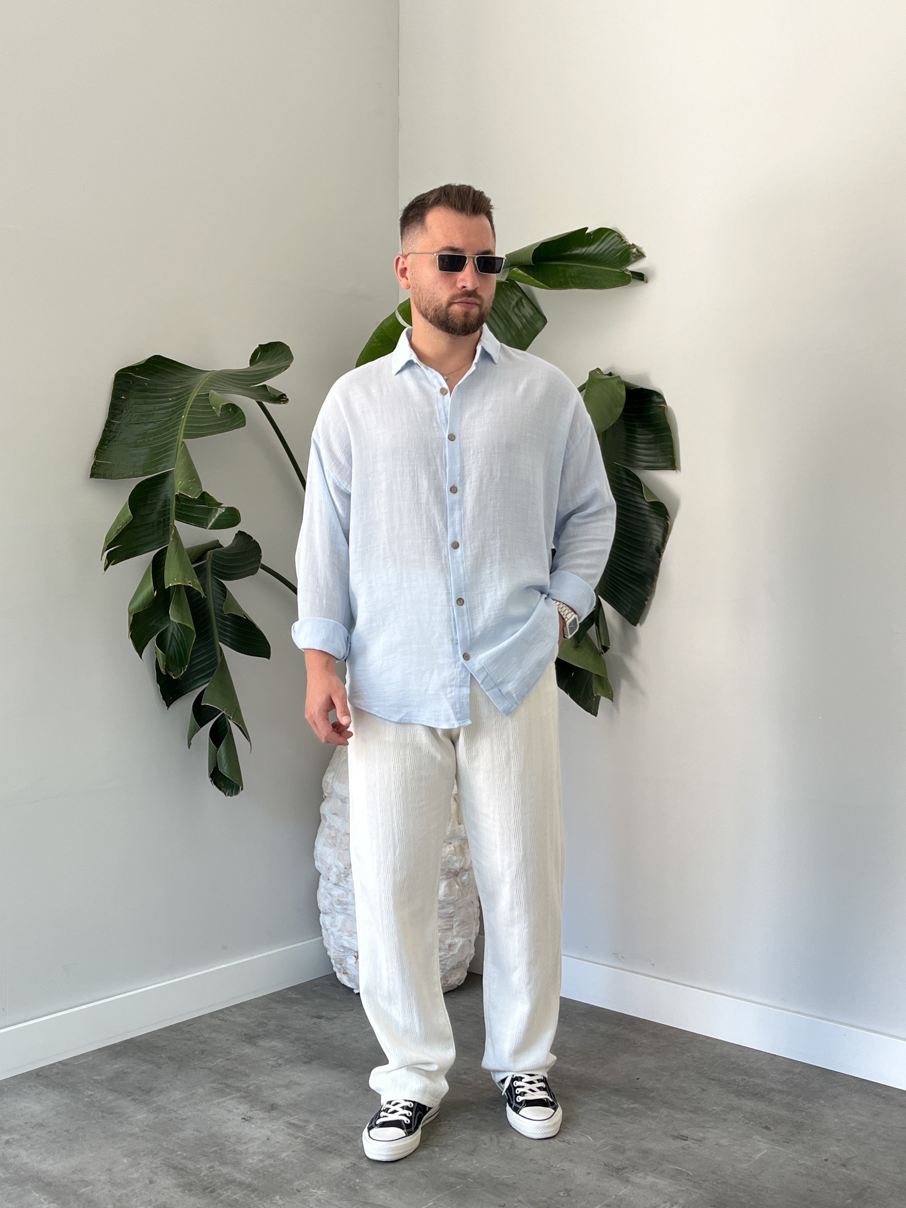 Buz Mavi Etamin Keten Oversize Gömlek