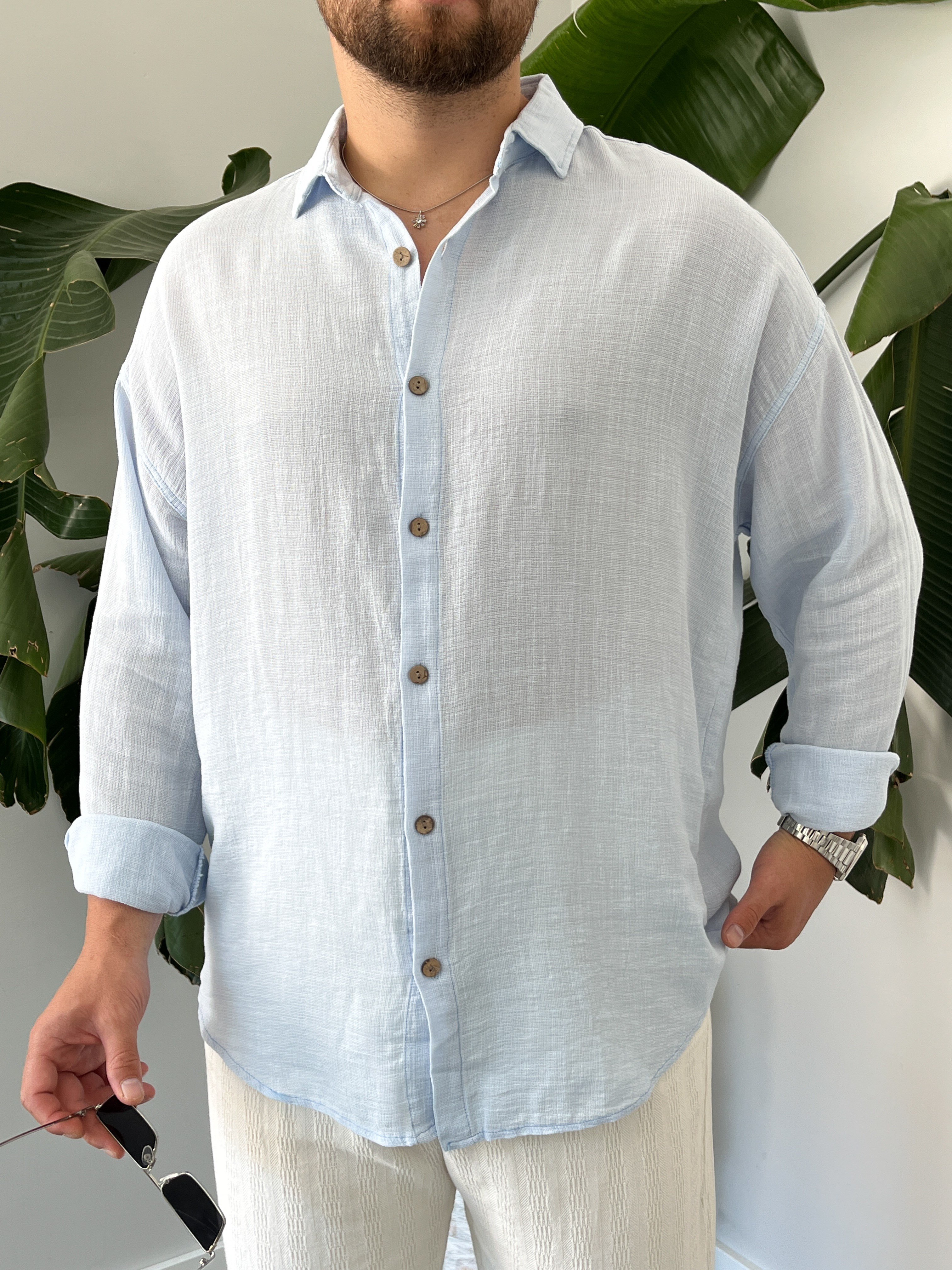 Buz Mavi Etamin Keten Oversize Gömlek
