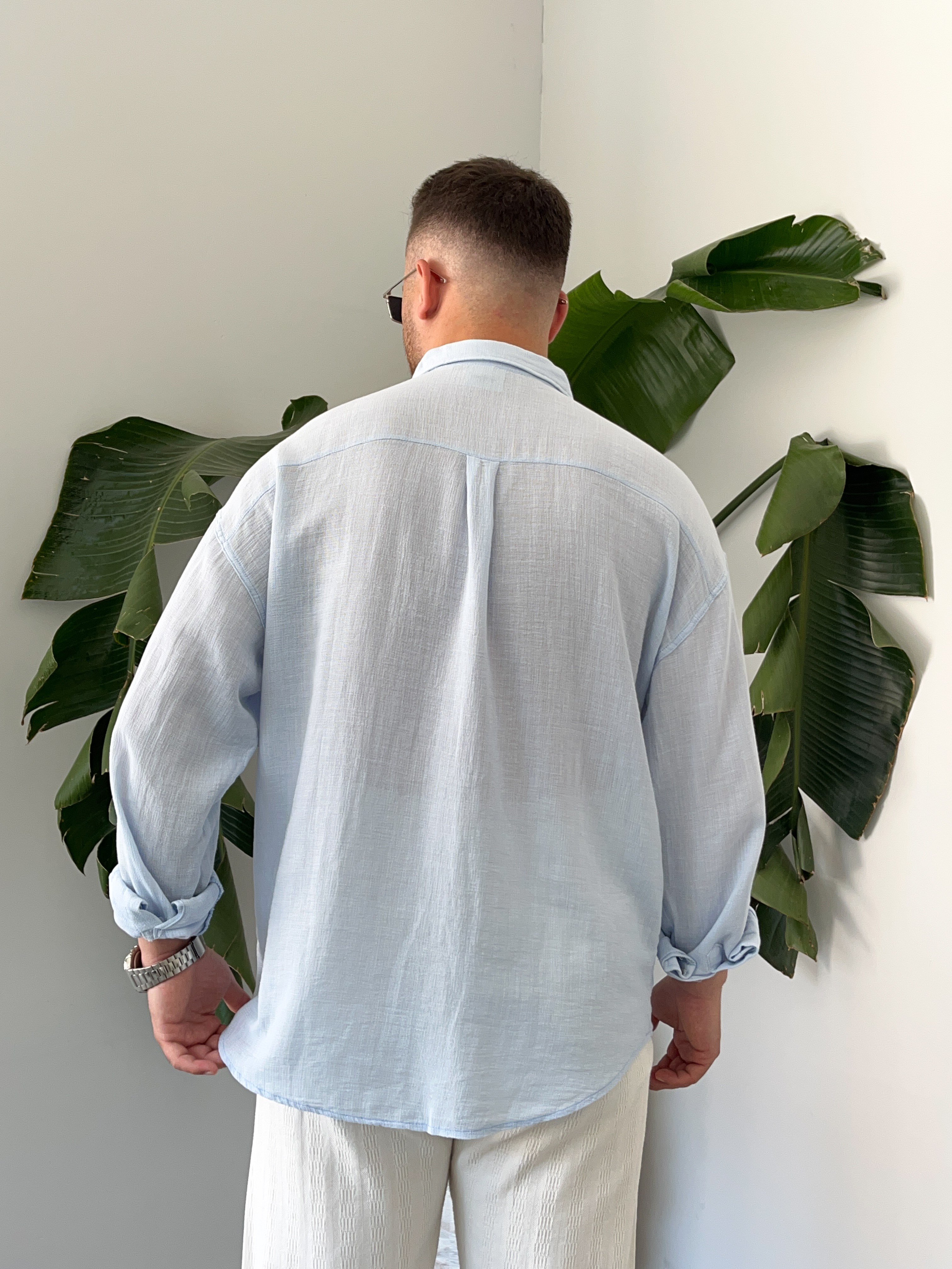 Buz Mavi Etamin Keten Oversize Gömlek