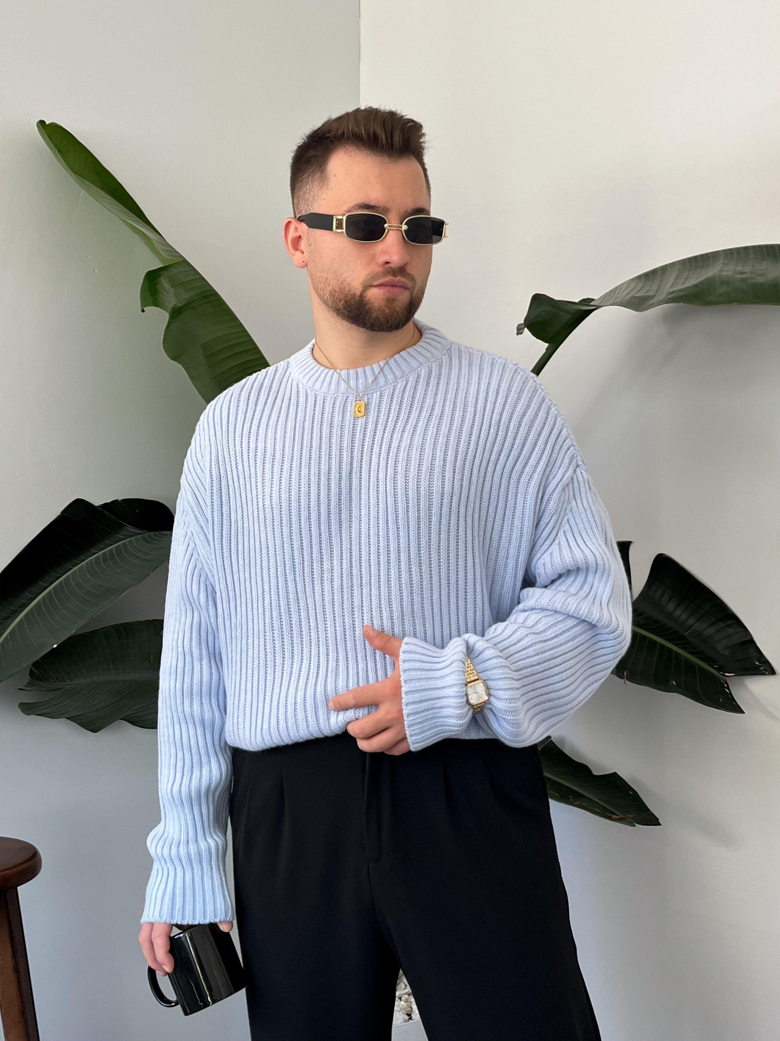 Buz Mavi Extra Dolgulu Oversize Örgü Kazak