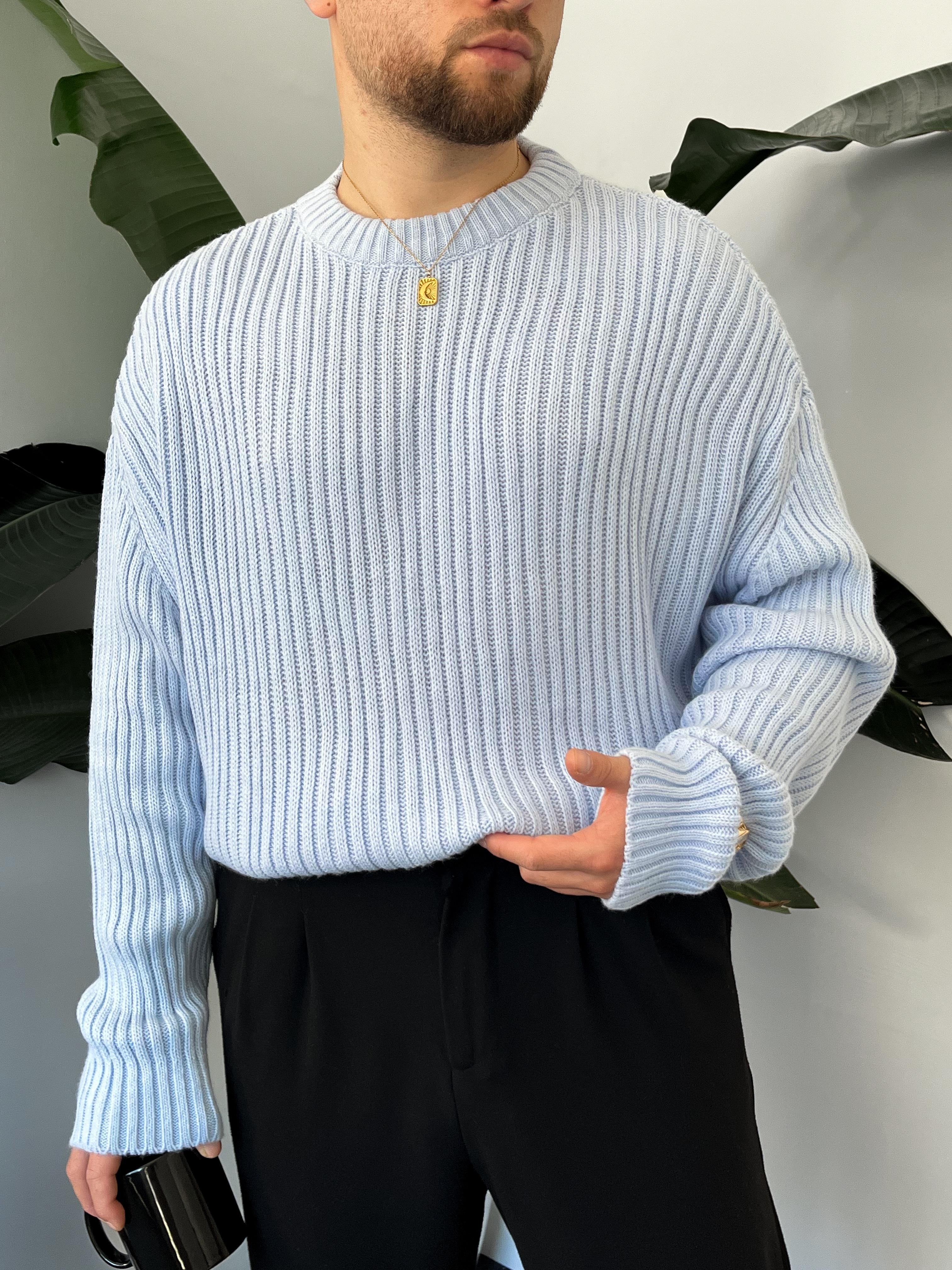Buz Mavi Extra Dolgulu Oversize Örgü Kazak