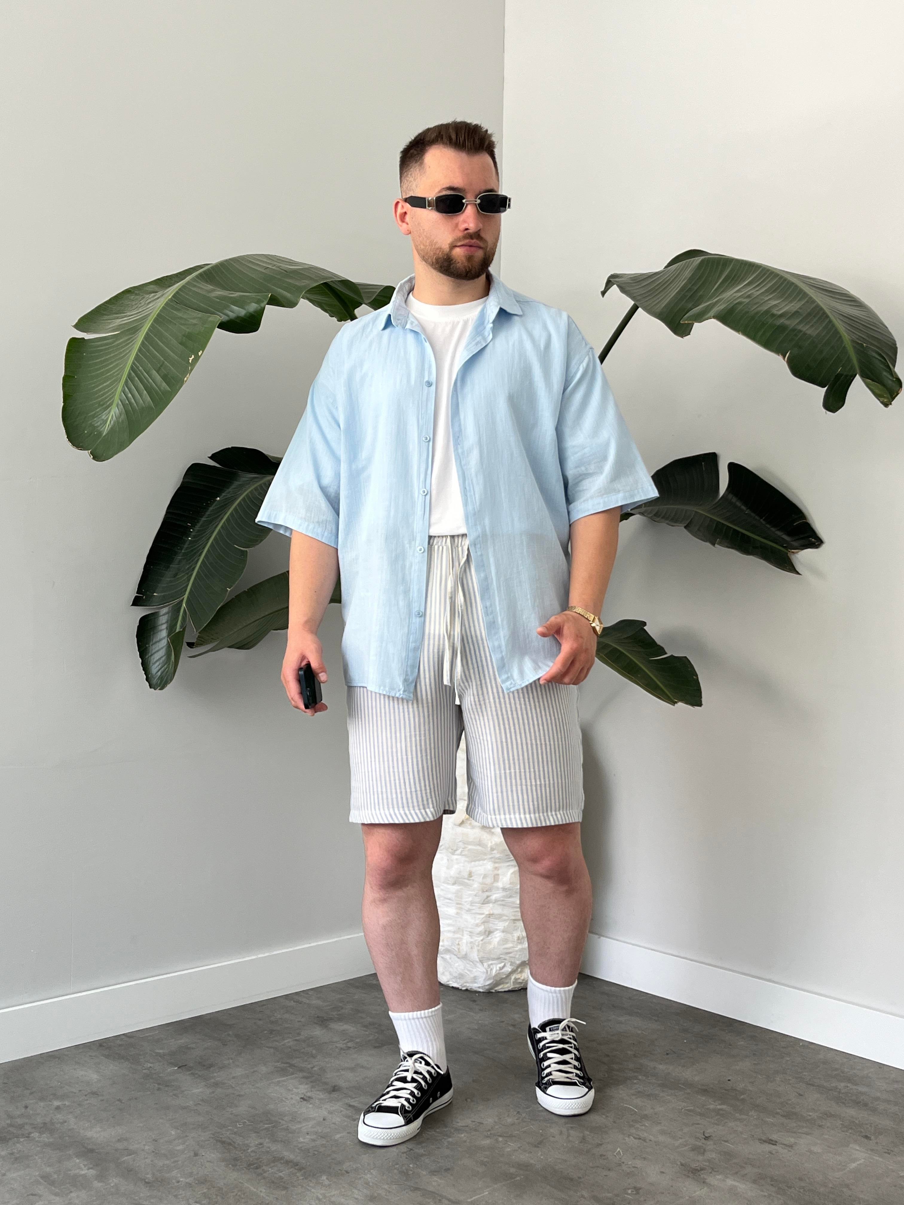 Buz Mavi Fresh Keten Oversize Gömlek
