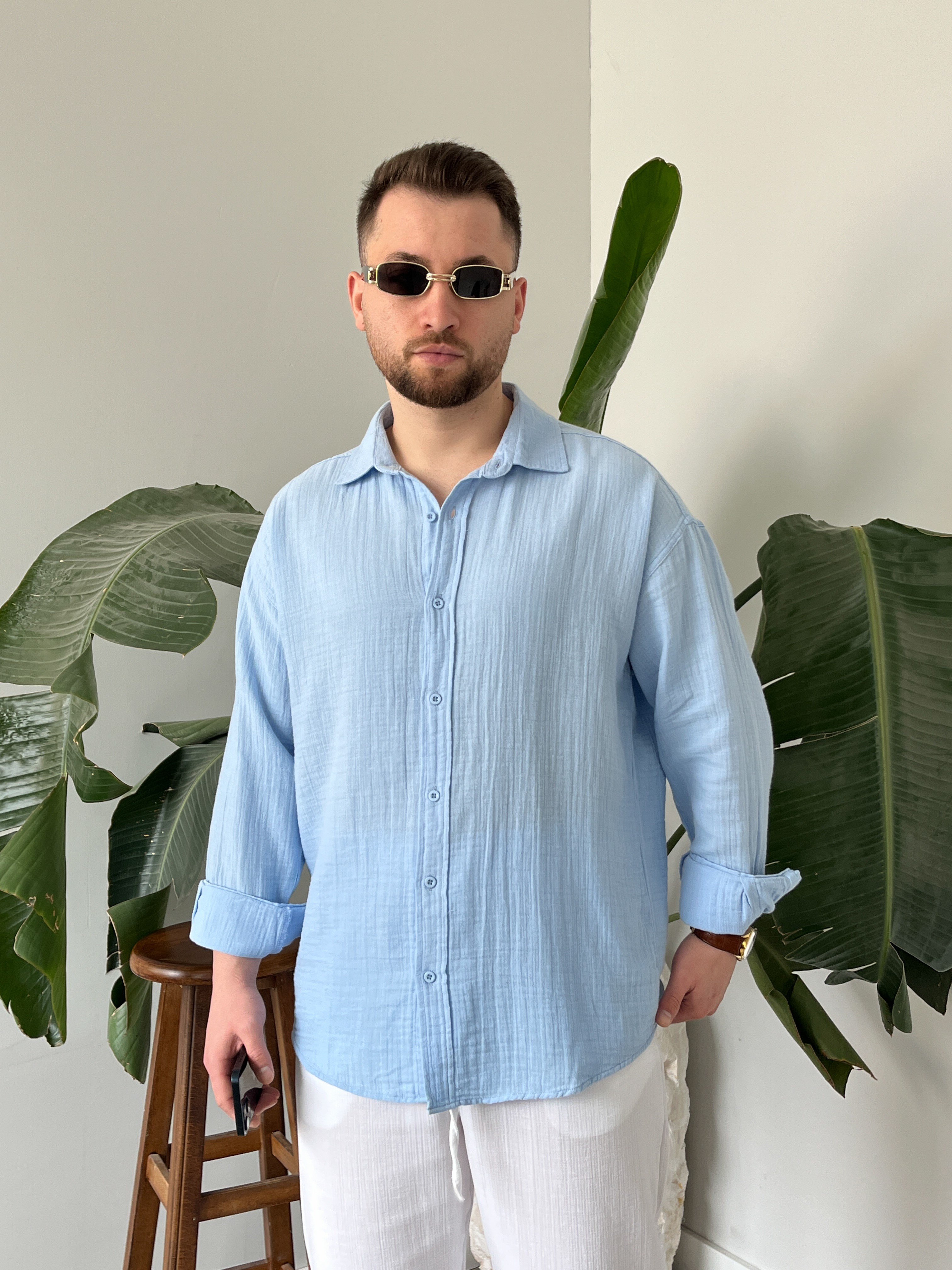 Buz Mavi Müslin Dokulu Oversize Gömlek