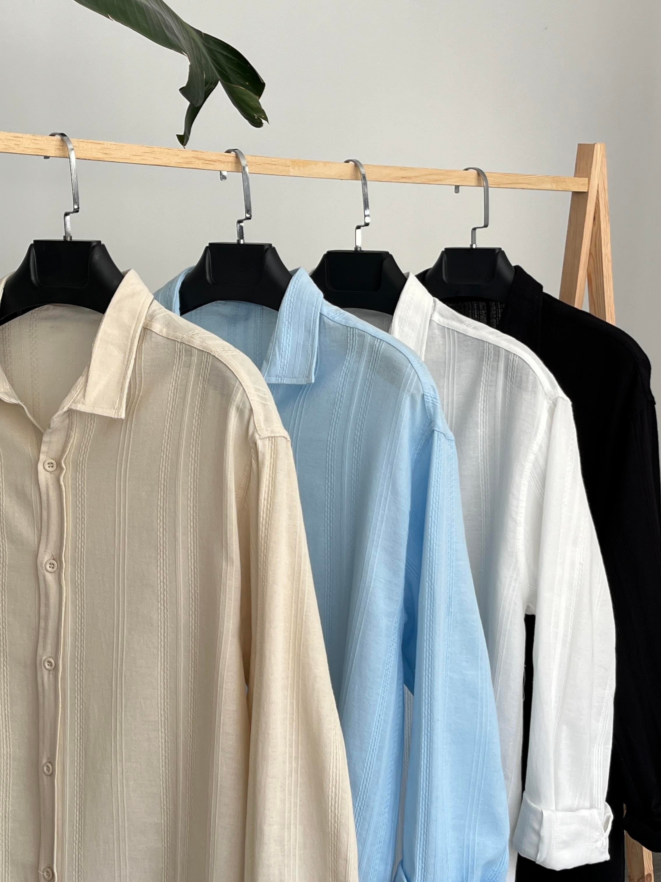 Buz Mavi Zincir Desen Oversize Erkek Keten Gömlek