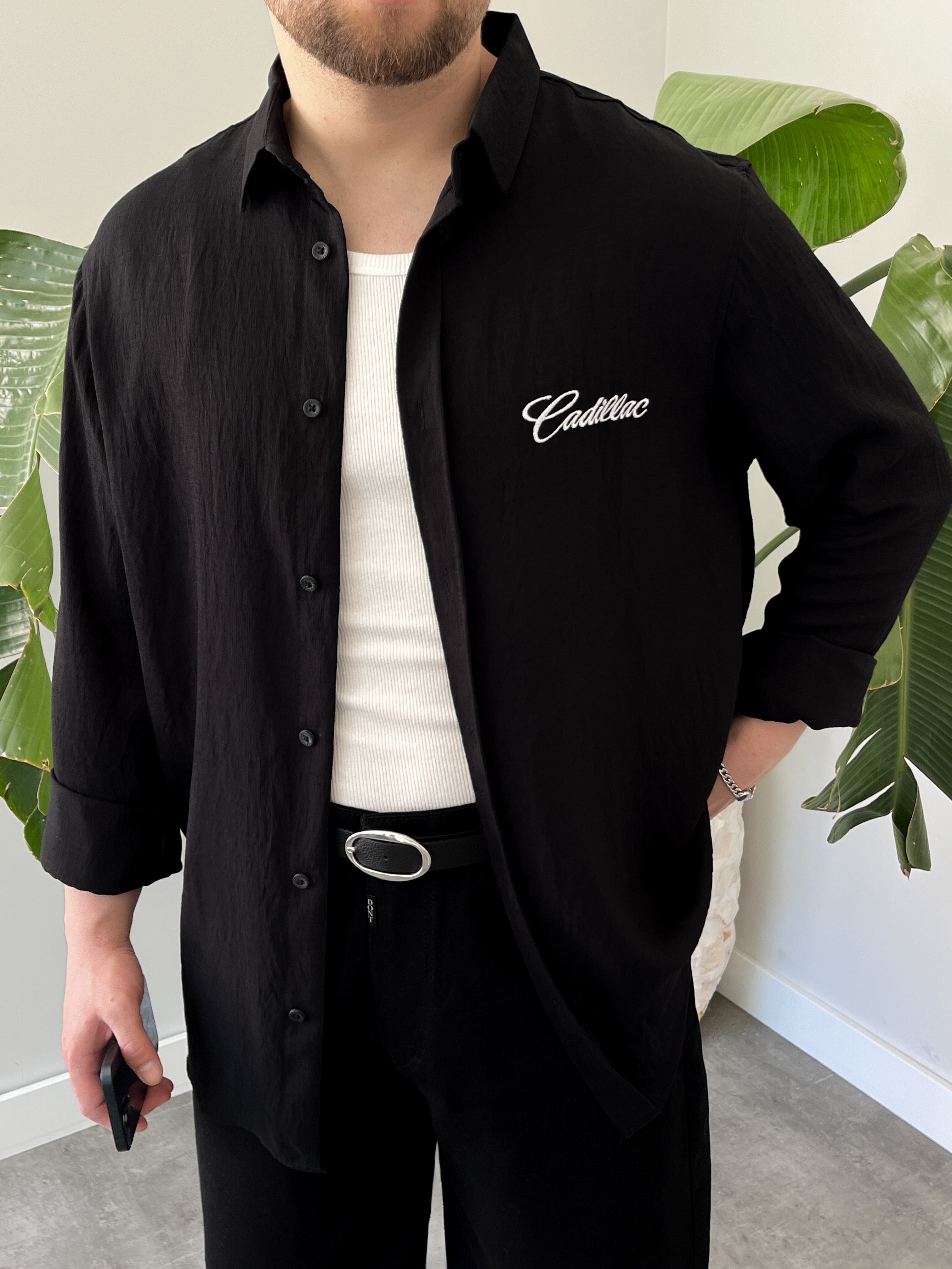 Cadillac Nakış İşlemeli Siyah Oversize Gömlek