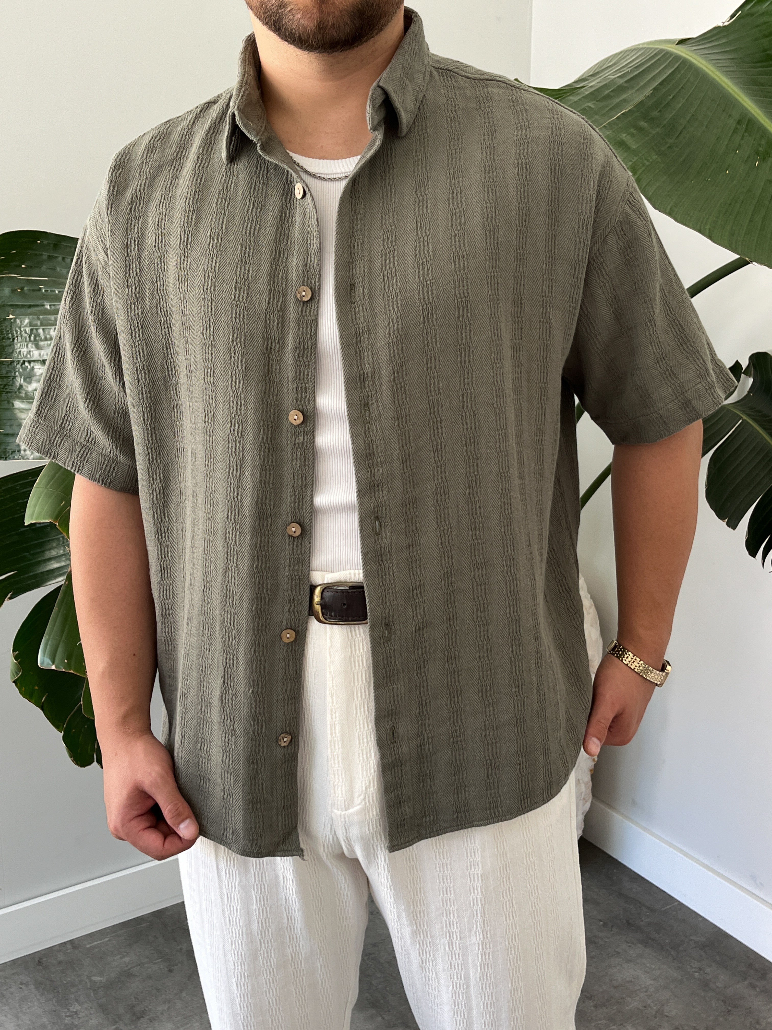 Çağla Dokulu Kısa Kollu Oversize Gömlek