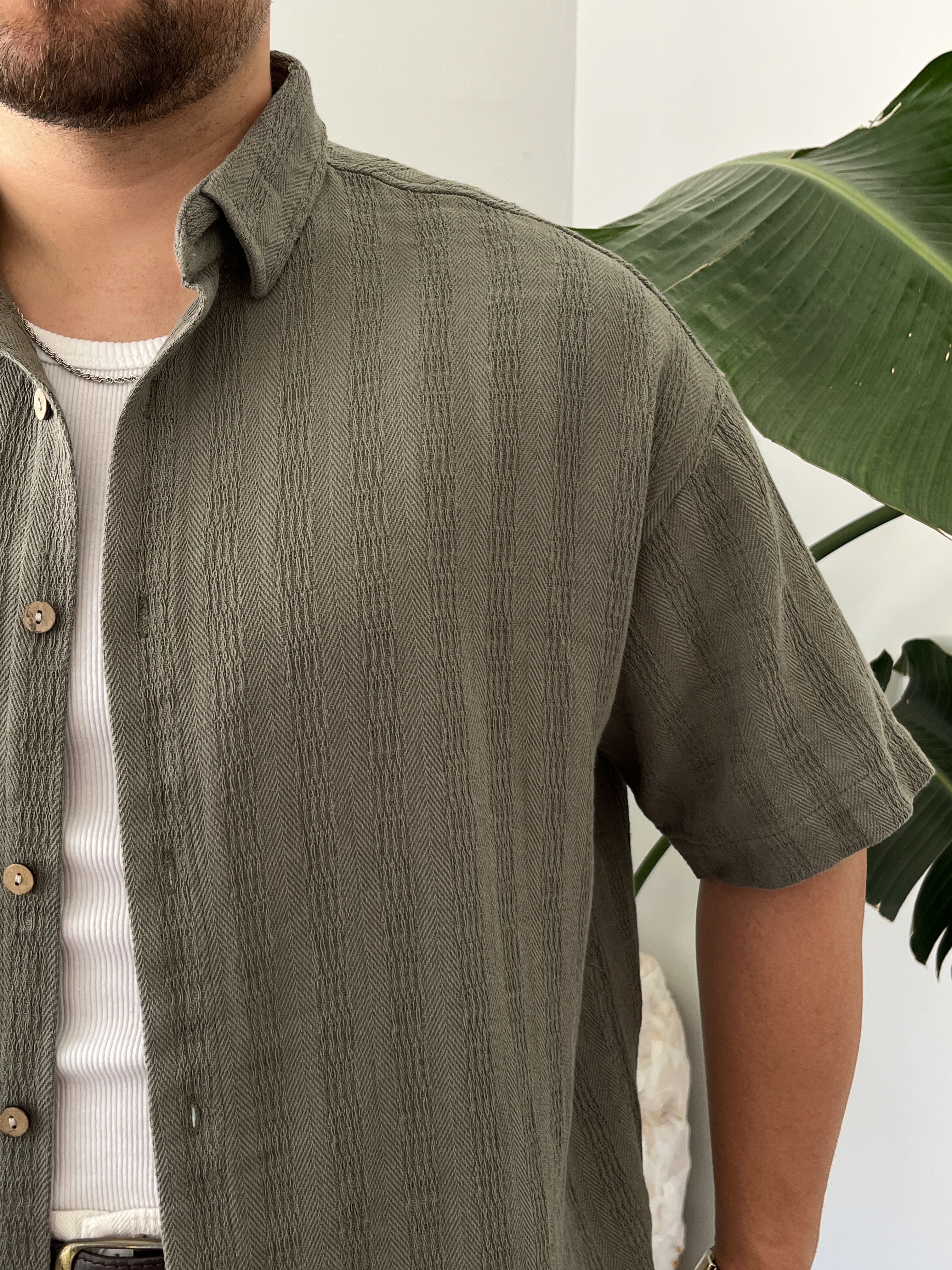 Çağla Dokulu Kısa Kollu Oversize Gömlek
