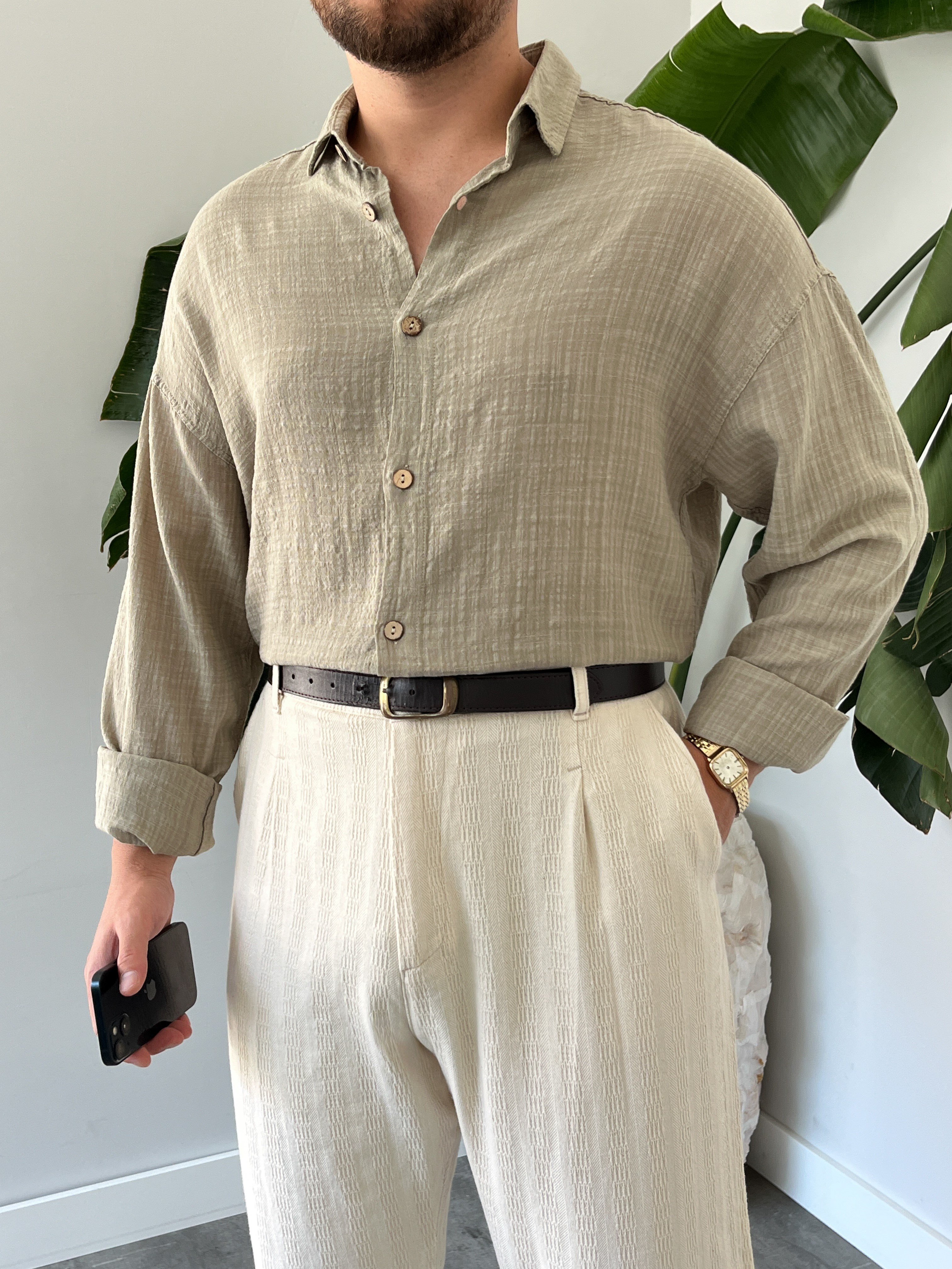 Çağla Gofre Keten Oversize Gömlek