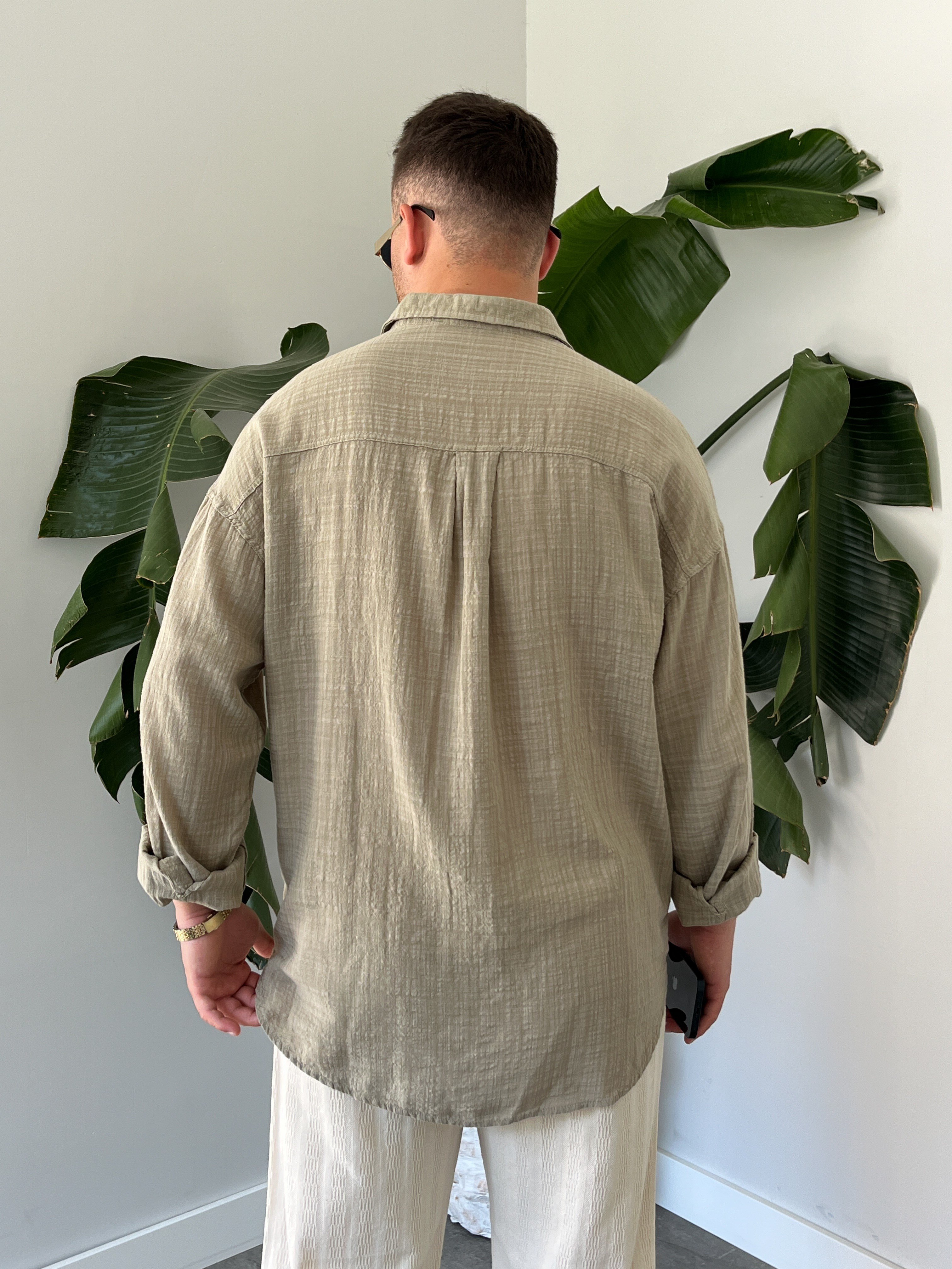 Çağla Gofre Keten Oversize Gömlek