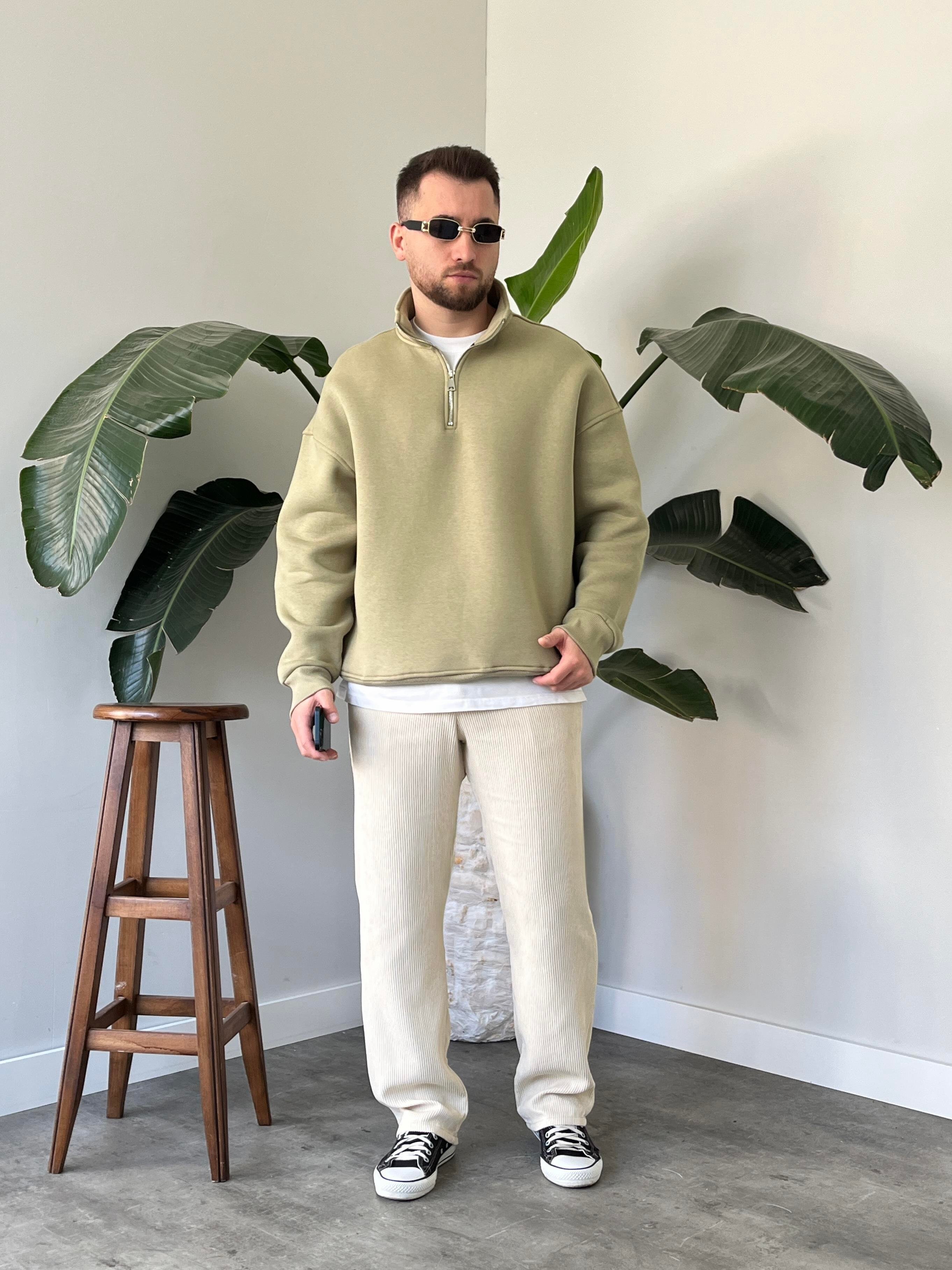 Çağla Yarım Fermuar Üç İplik Şardonlu Sweatshirt