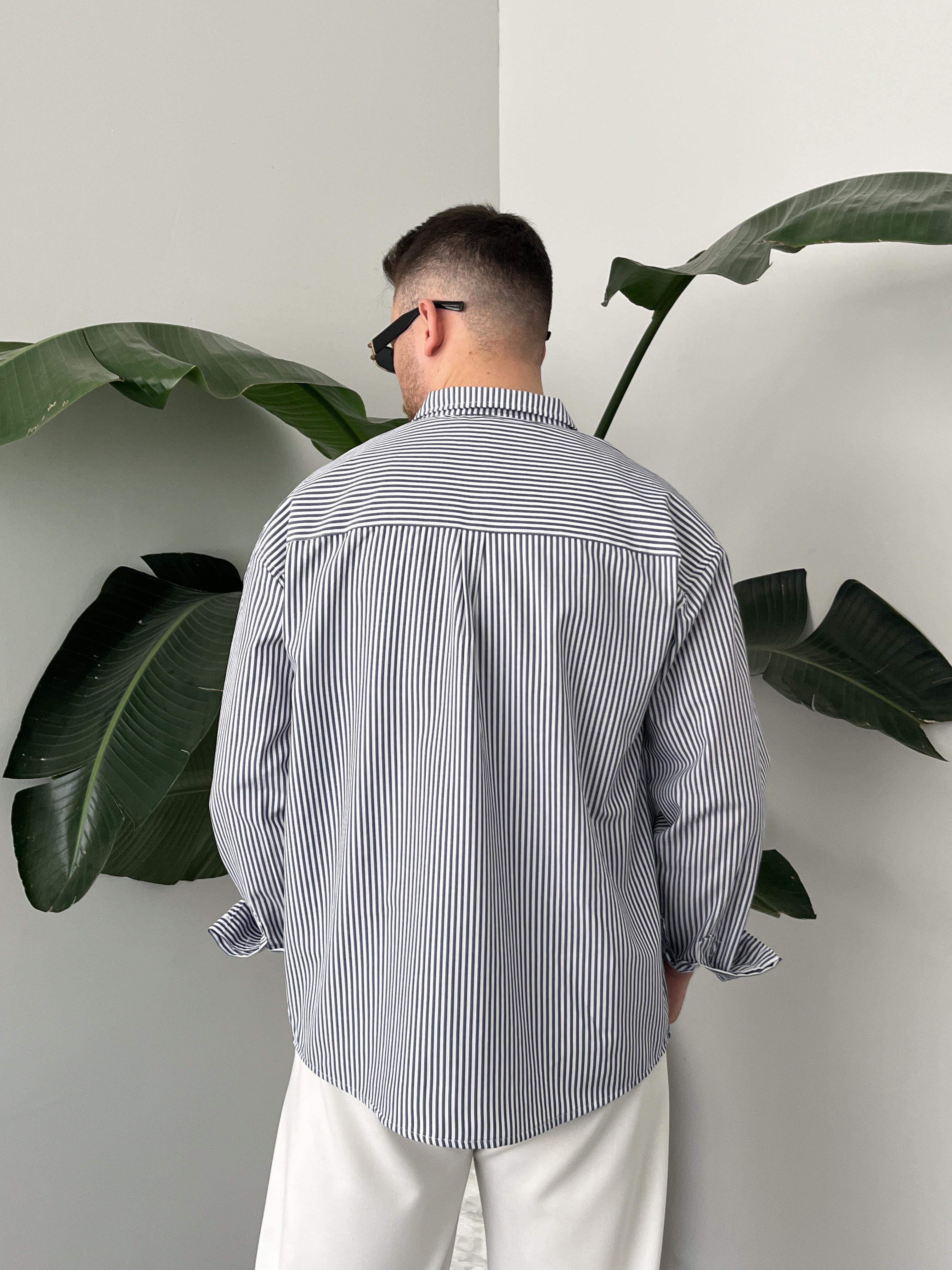 Cold Culture Nakışlı Lacivert Çizgili Oversize Gömlek
