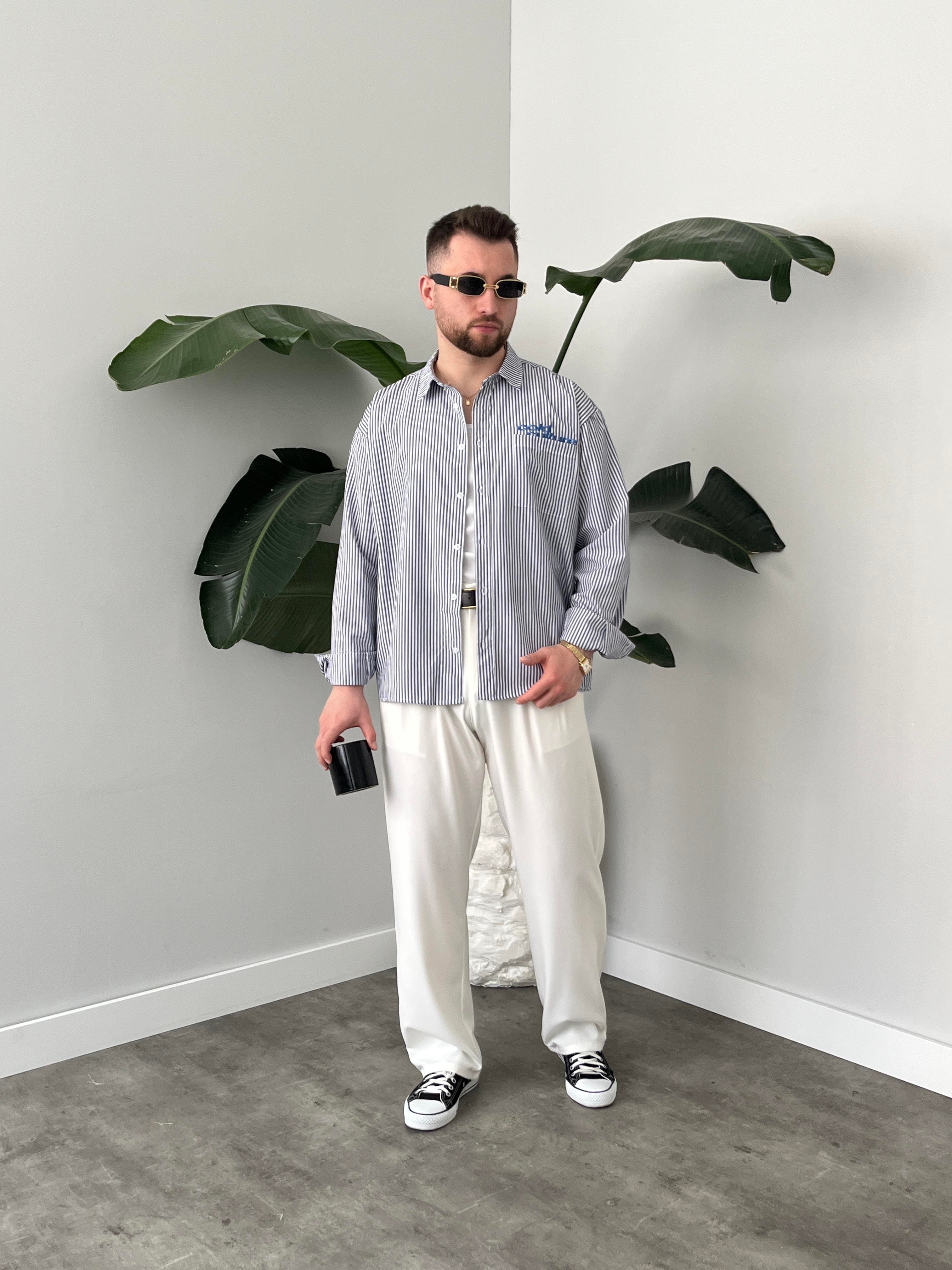 Cold Culture Nakışlı Lacivert Çizgili Oversize Gömlek