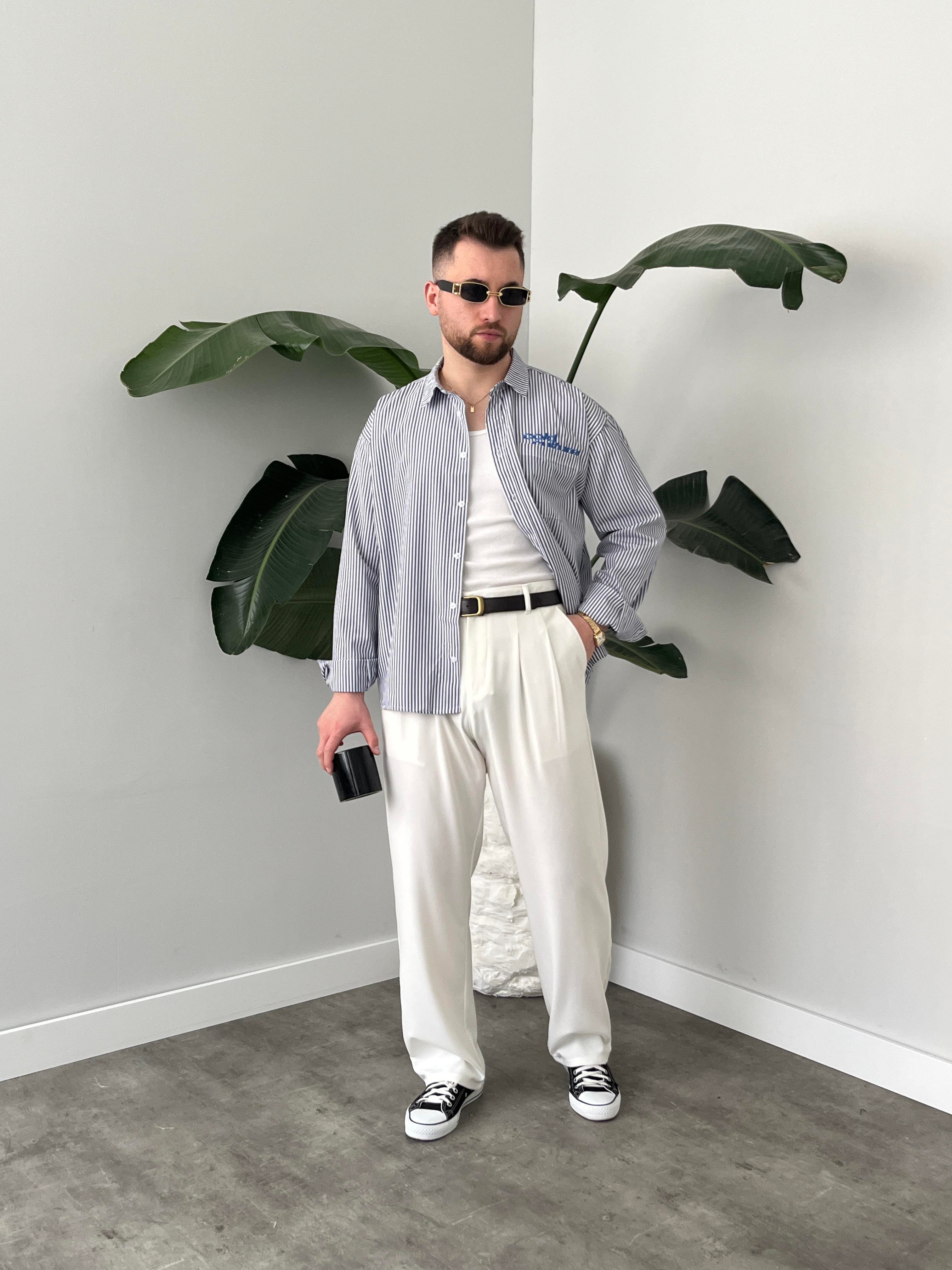Cold Culture Nakışlı Lacivert Çizgili Oversize Gömlek