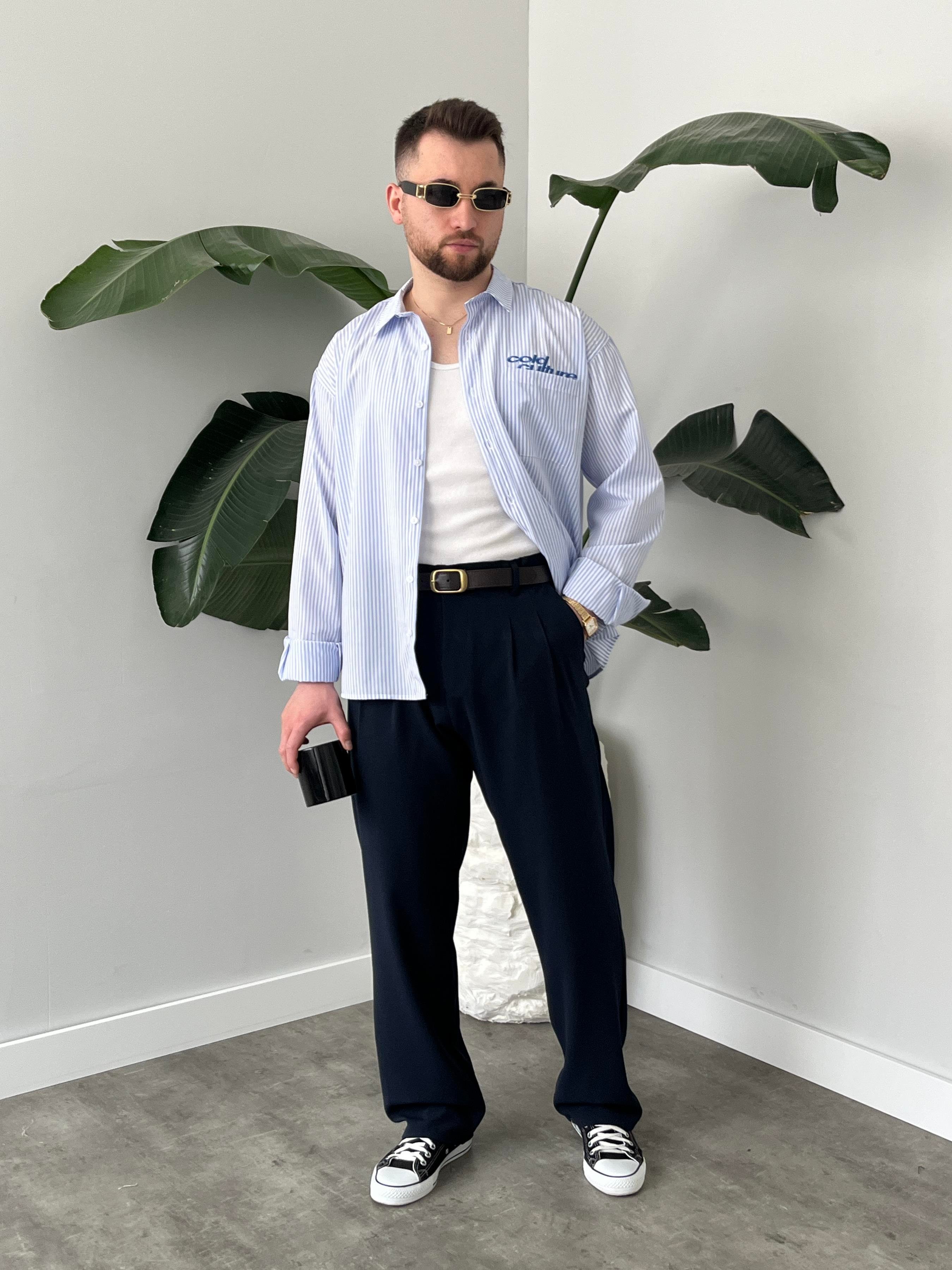 Cold Culture Nakışlı Mavi Çizgili Oversize Gömlek