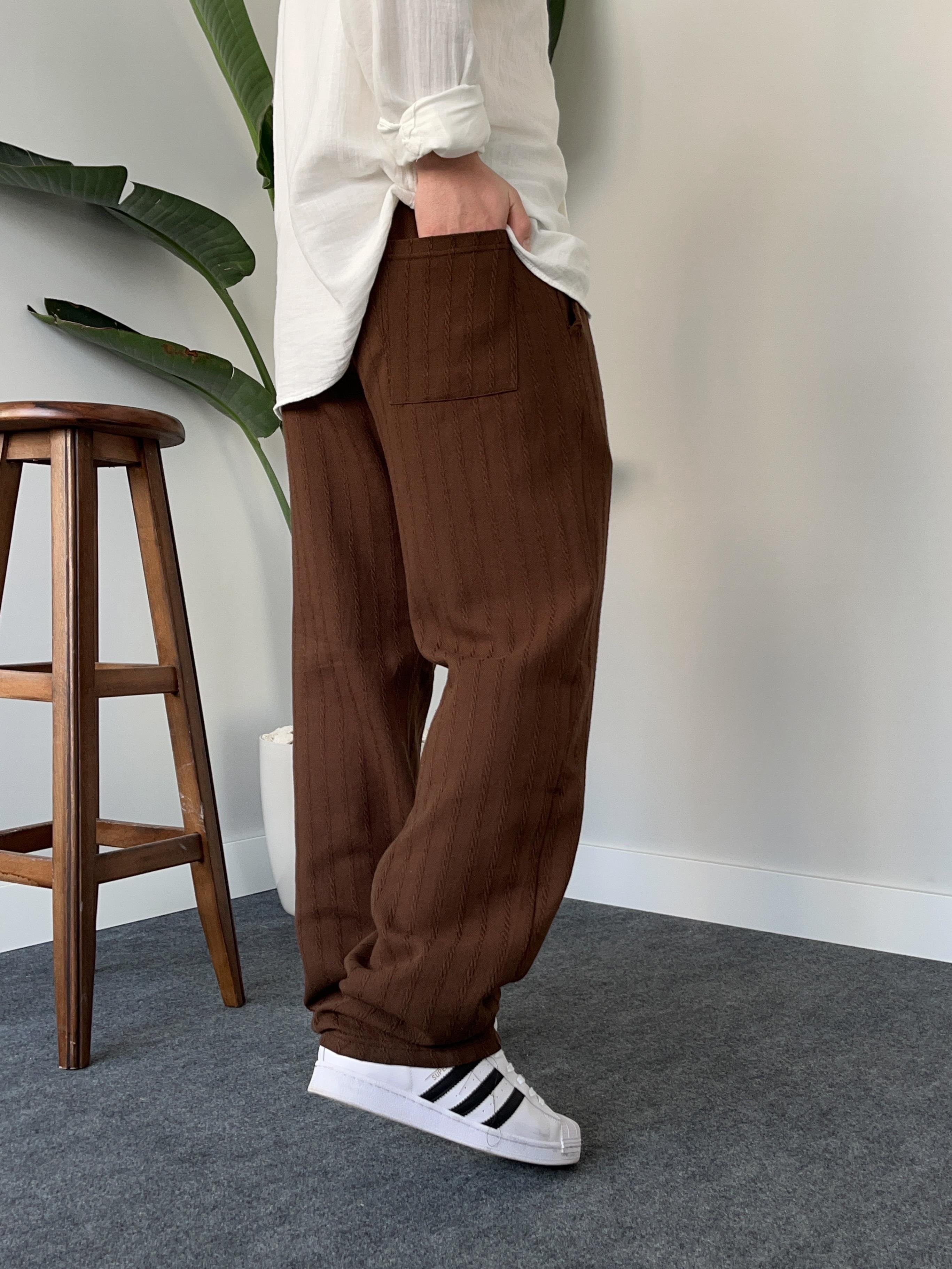 Desenli Kahverengi Baggy Keten Pantolon