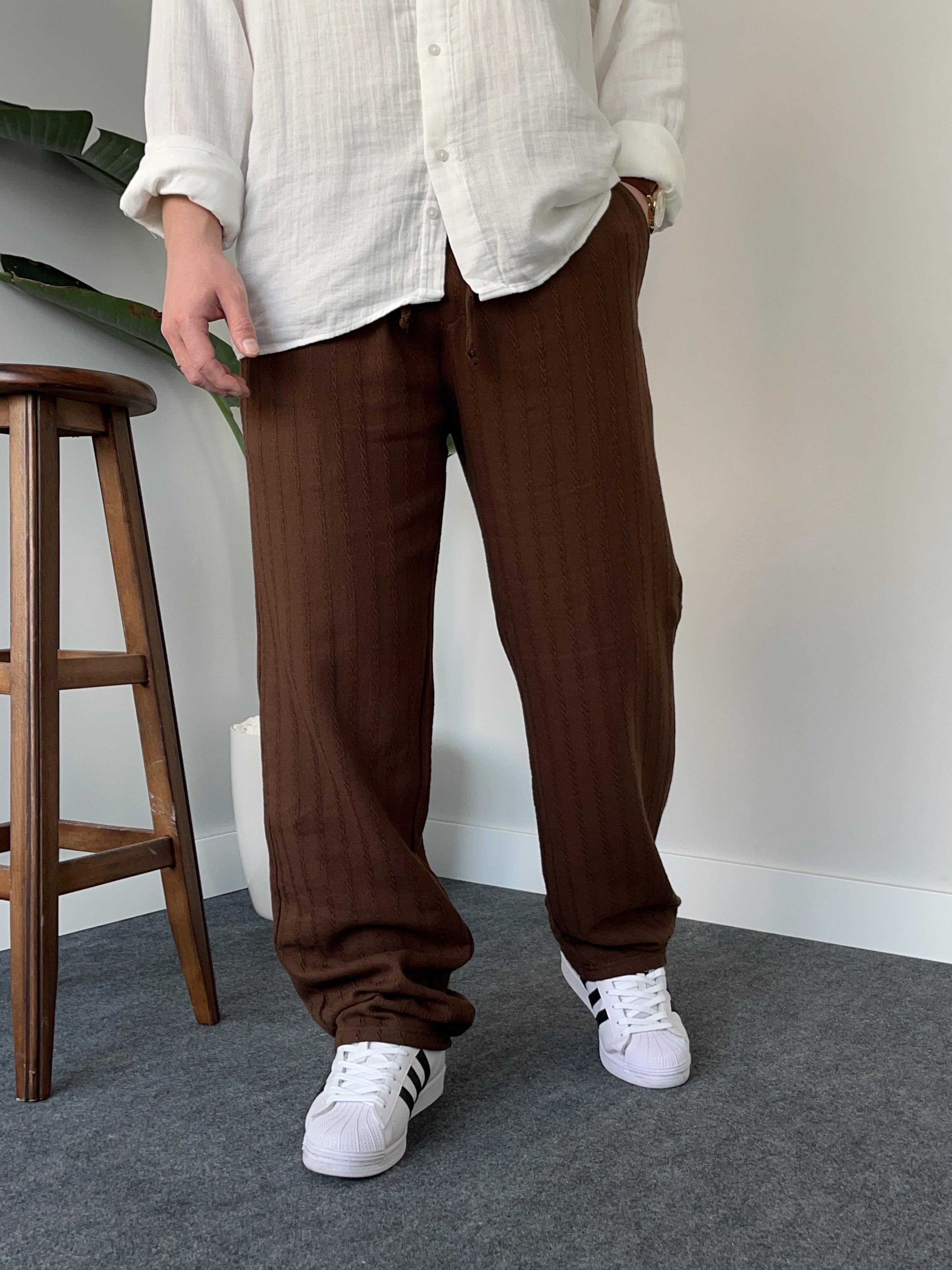 Desenli Kahverengi Baggy Keten Pantolon