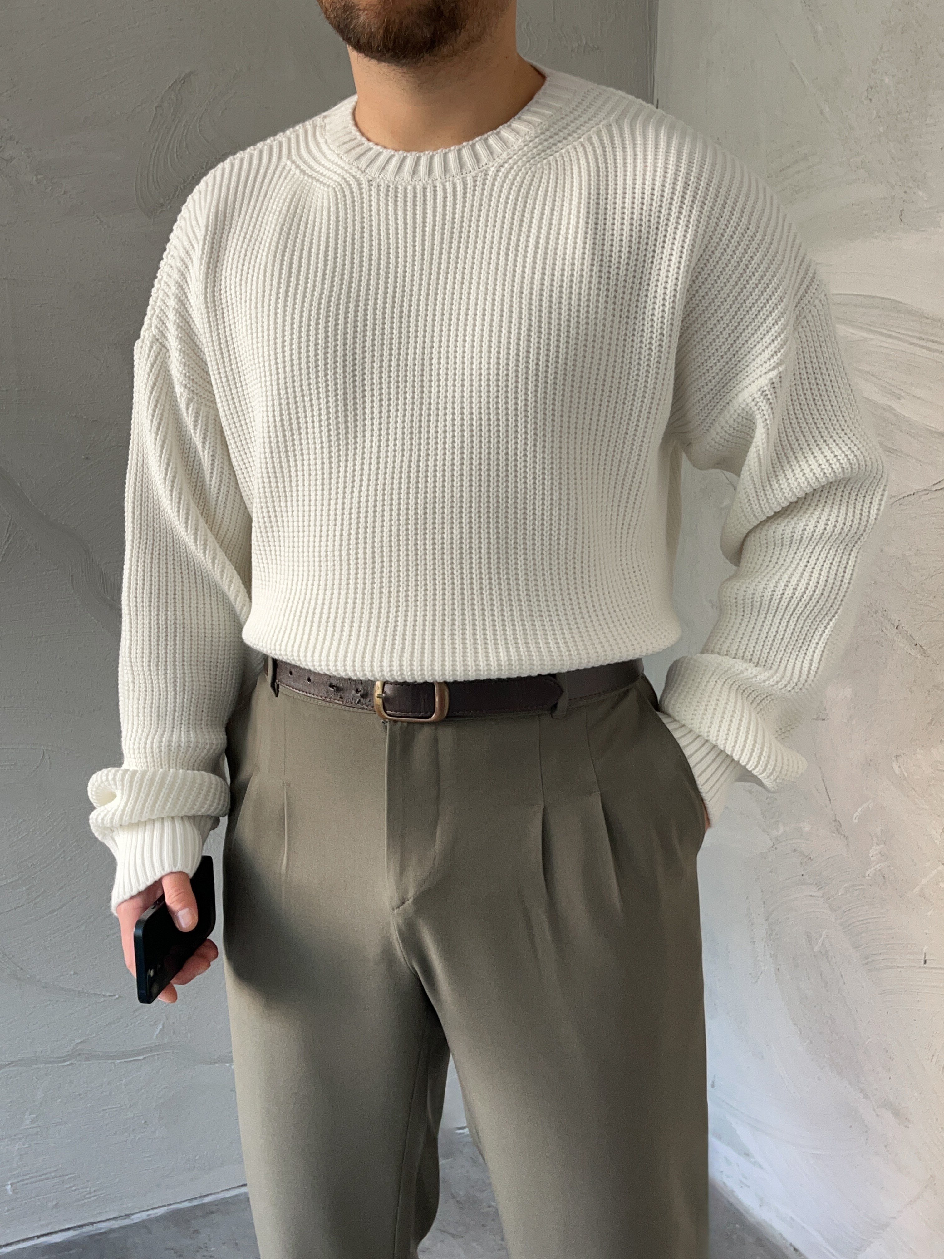 Ekru Basic Örgü Oversize Kazak