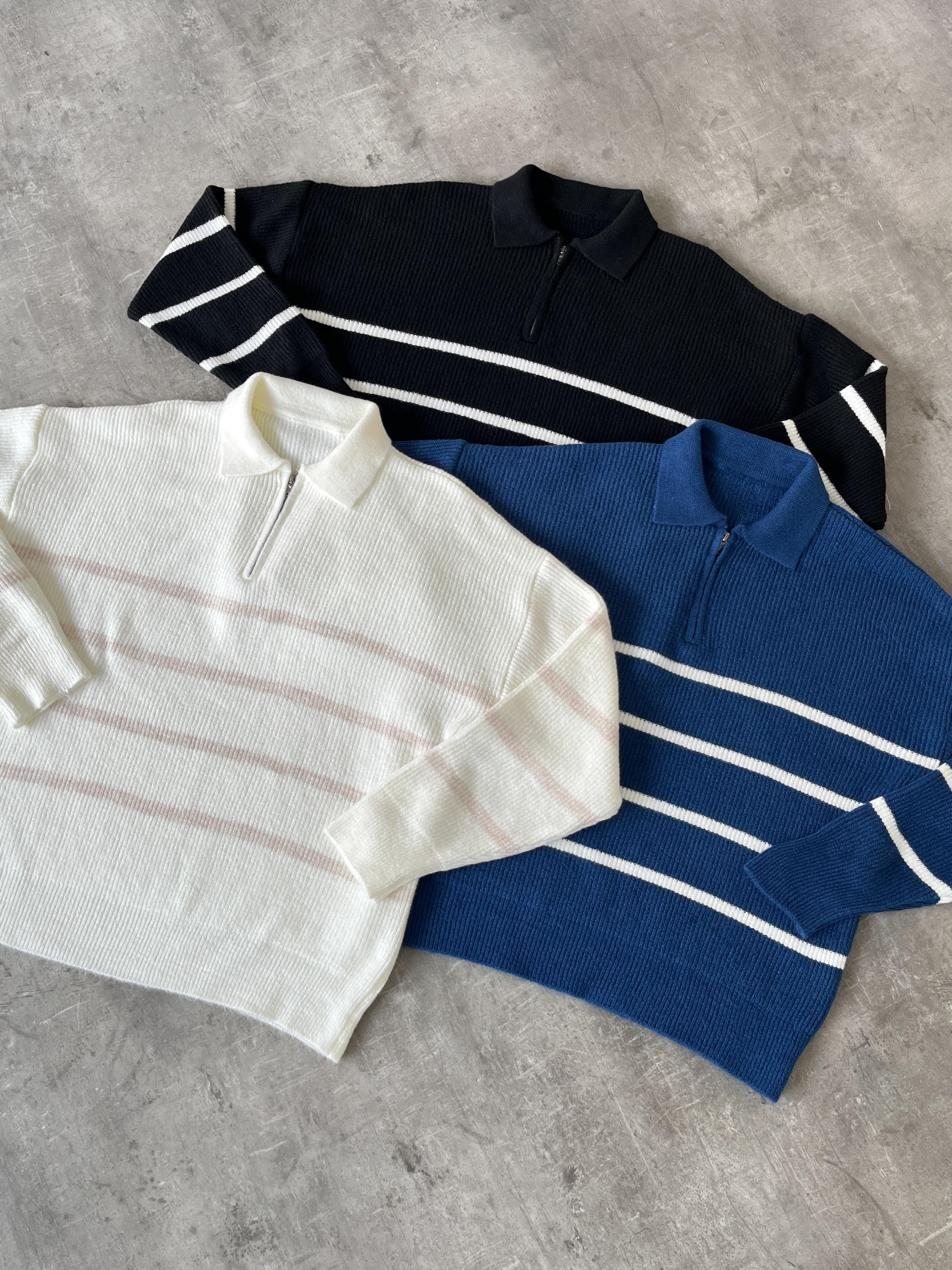 Ekru Çizgili Fermuar Detaylı Oversize Triko Kazak