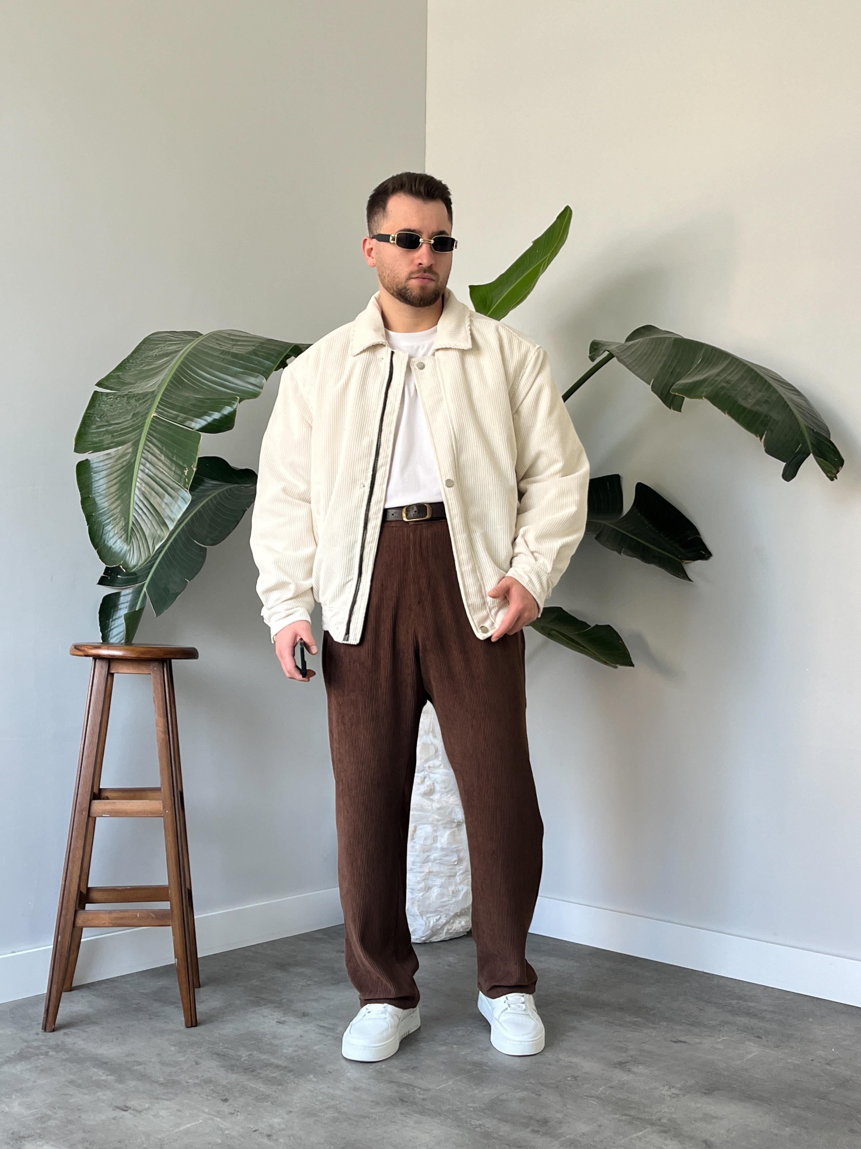 Ekru Fitilli Kadife Bomber Mont