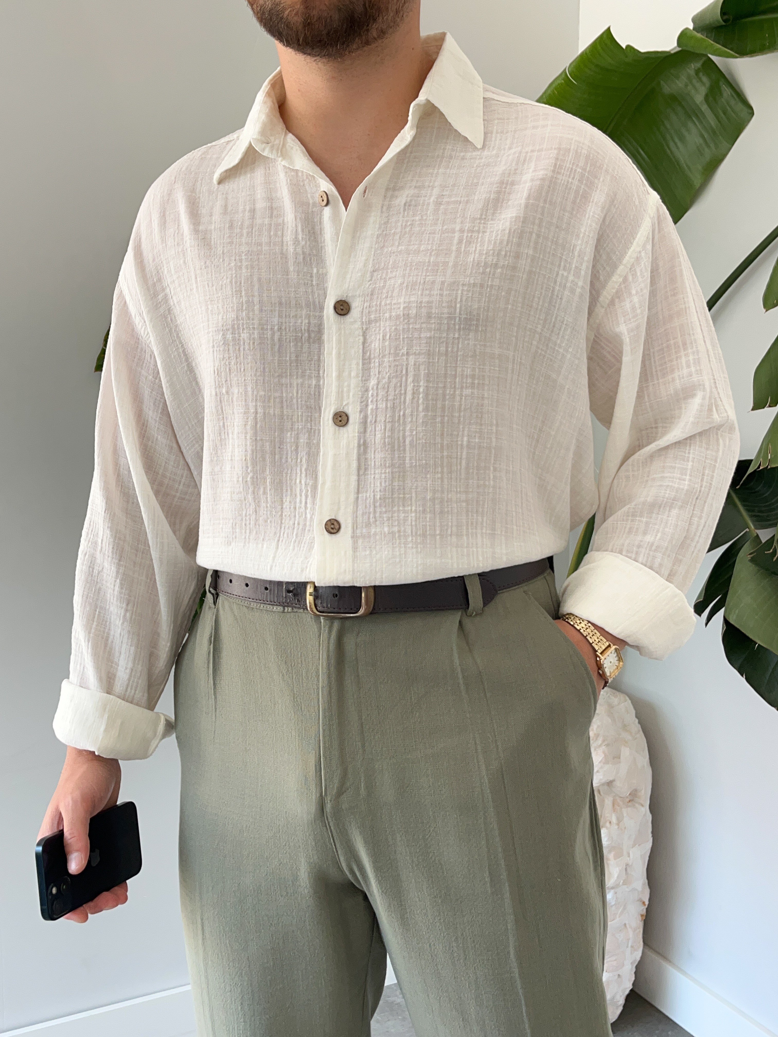 Ekru Gofre Keten Oversize Gömlek
