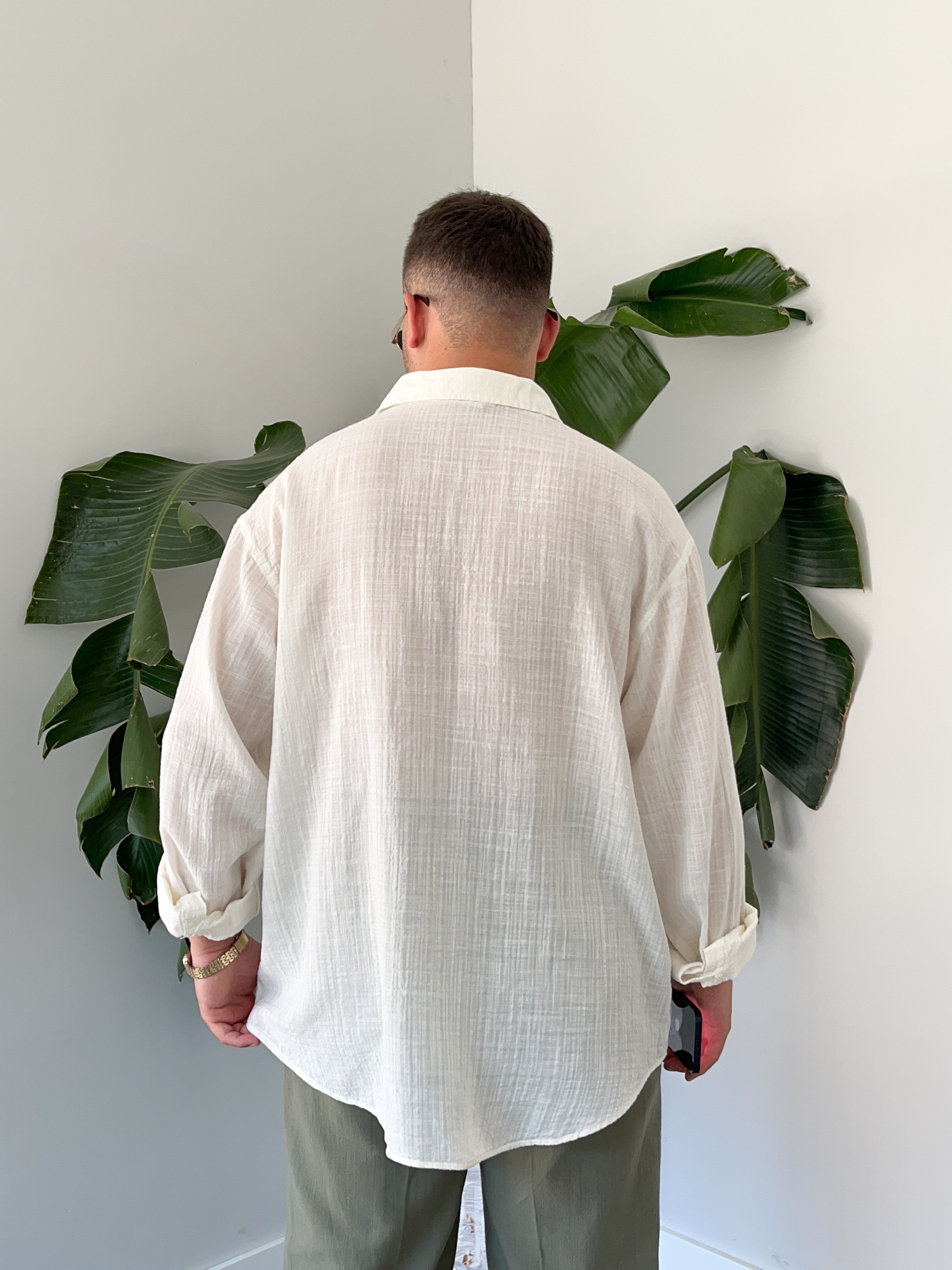Ekru Gofre Keten Oversize Gömlek