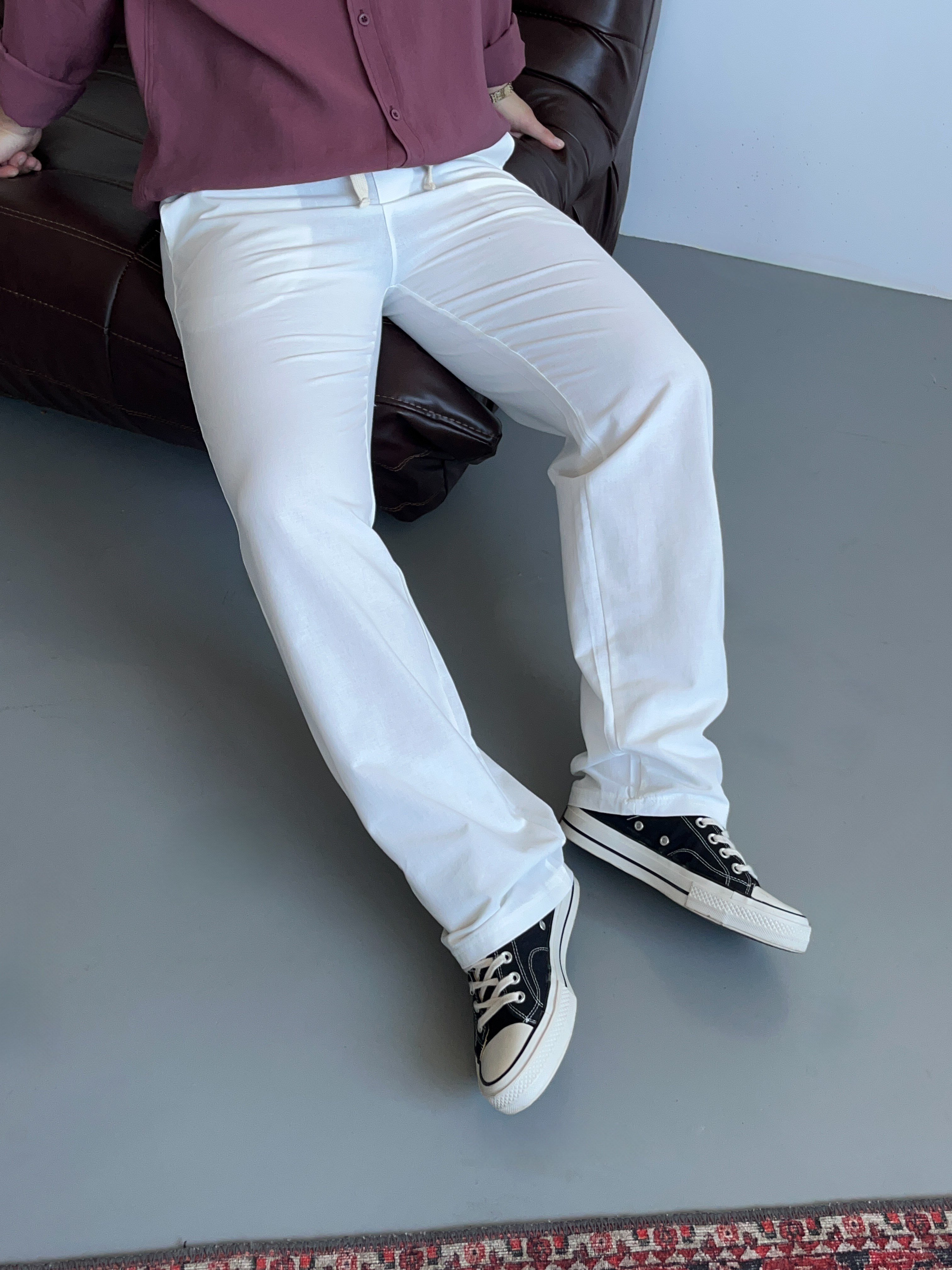 Ekru Lizalı Pamuk Keten Baggy Pantolon