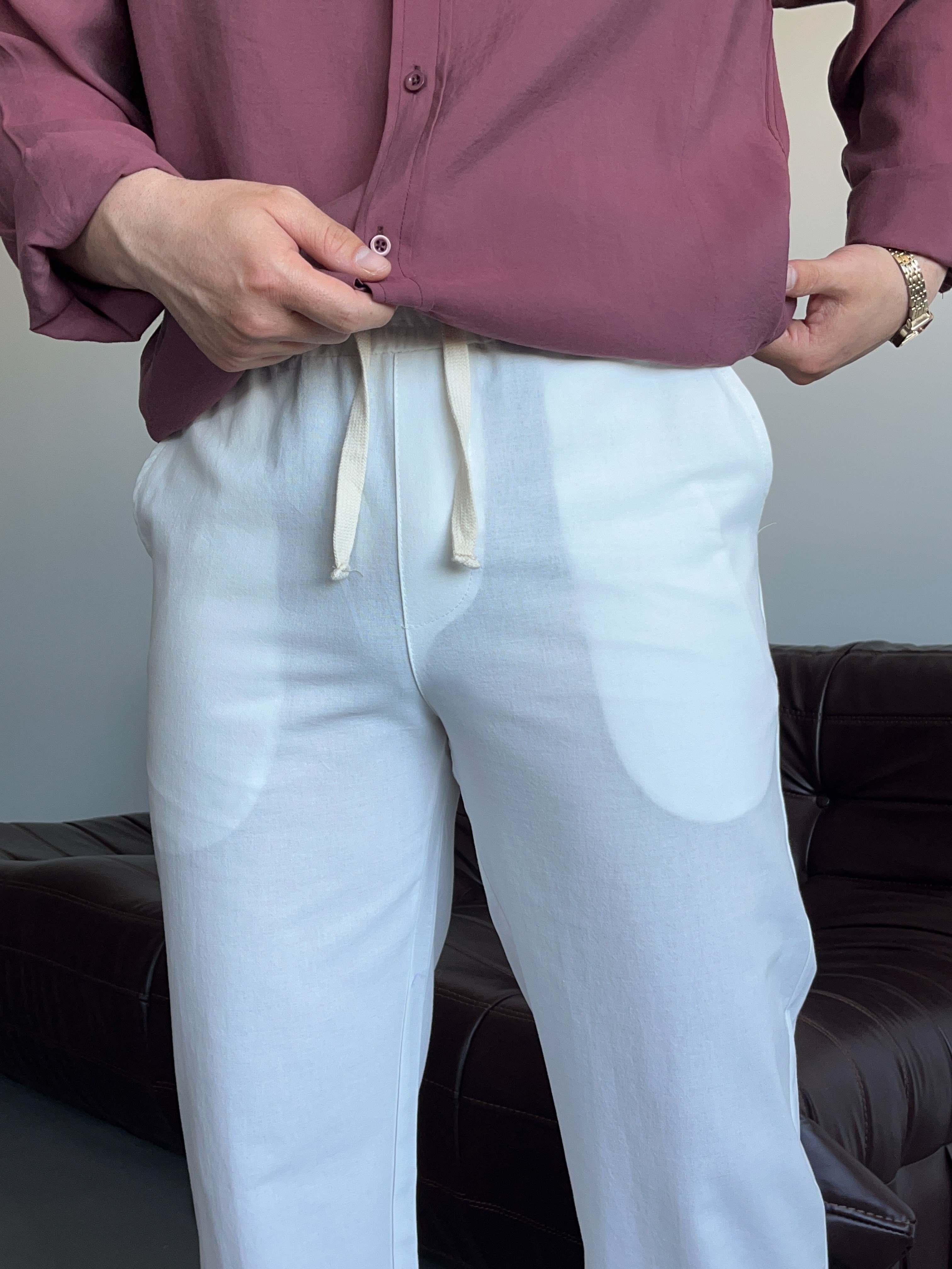 Ekru Lizalı Pamuk Keten Baggy Pantolon