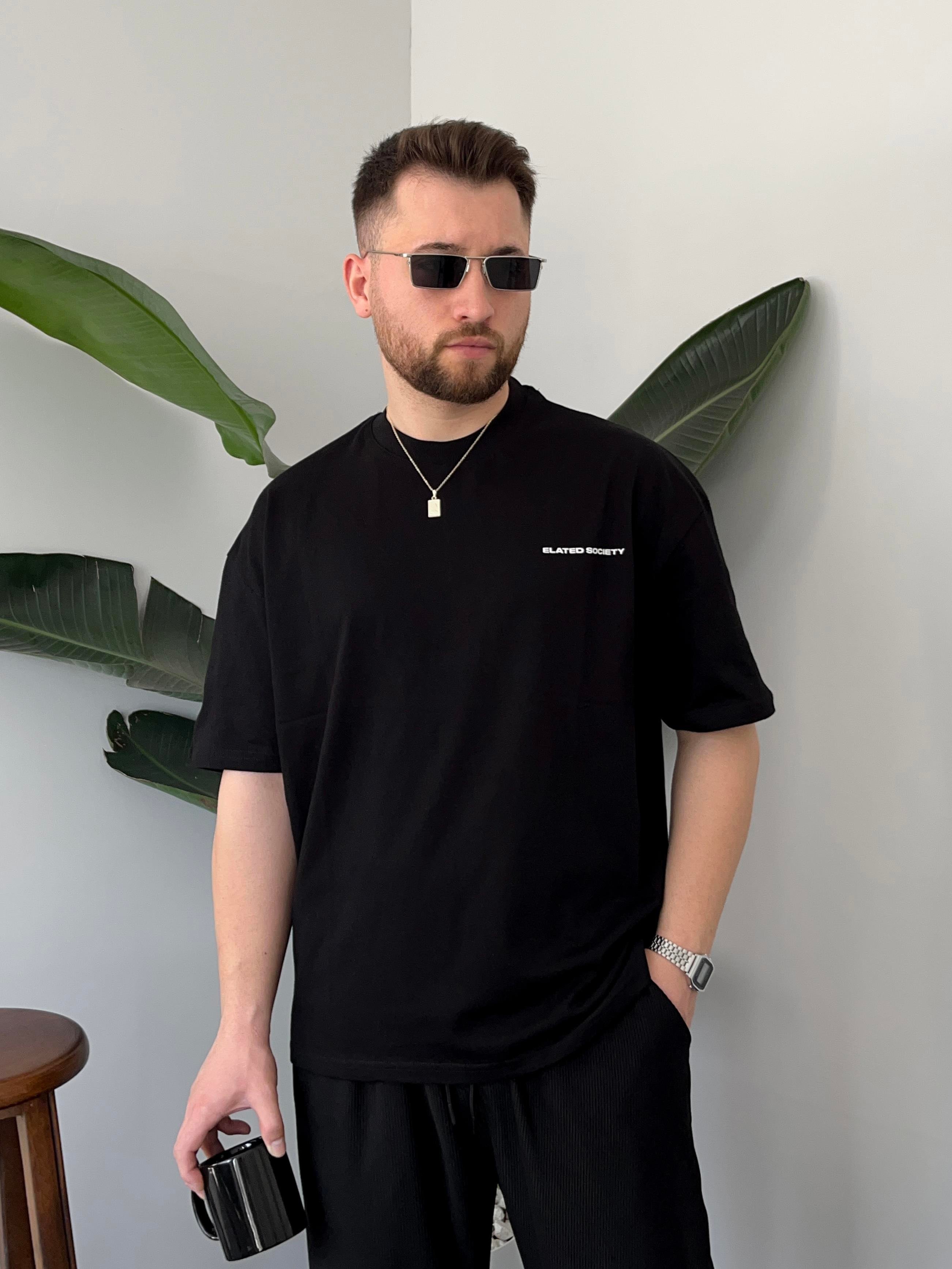 Elated Society Baskılı Siyah Oversize T-shirt
