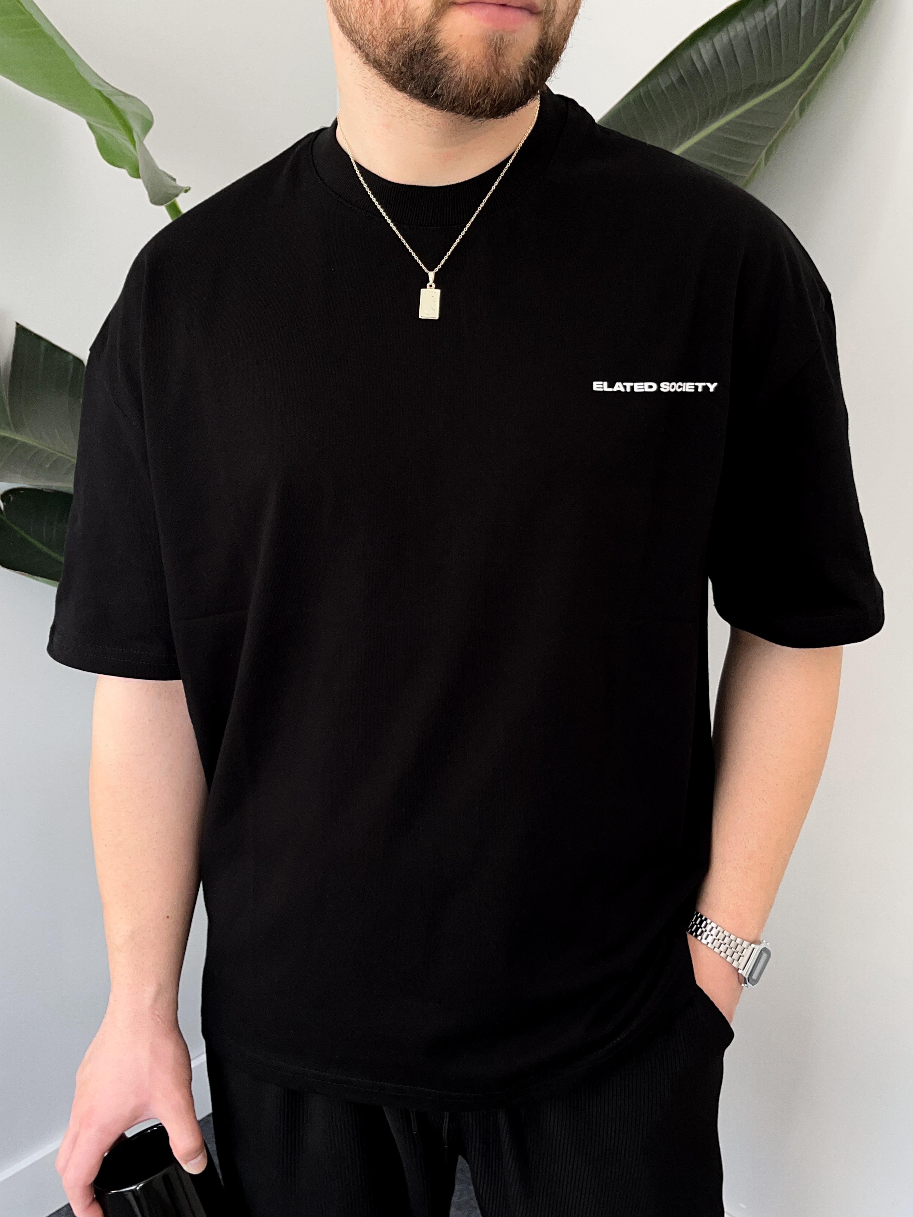 Elated Society Baskılı Siyah Oversize T-shirt