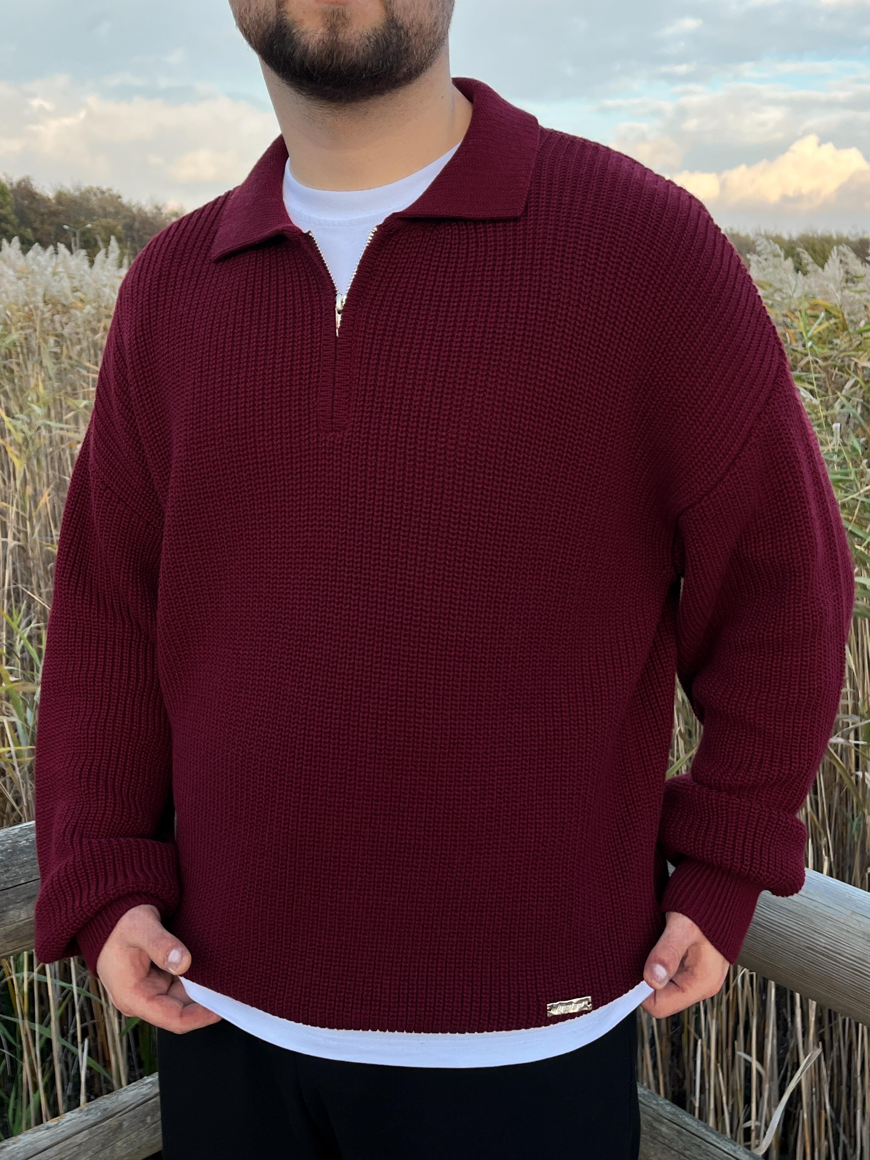 Elite Bordo Zip Polo Oversize Örgü Kazak