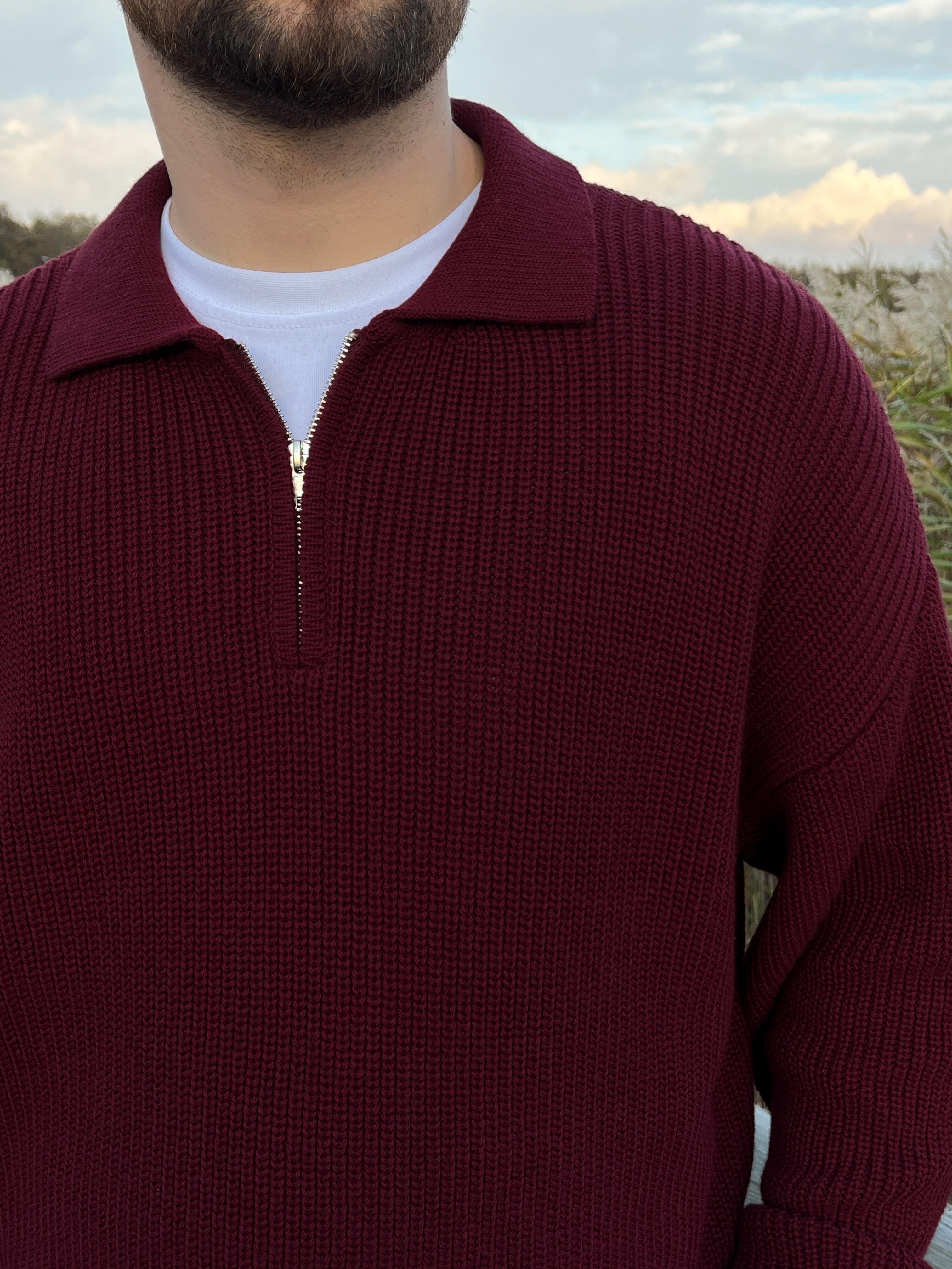 Elite Bordo Zip Polo Oversize Örgü Kazak