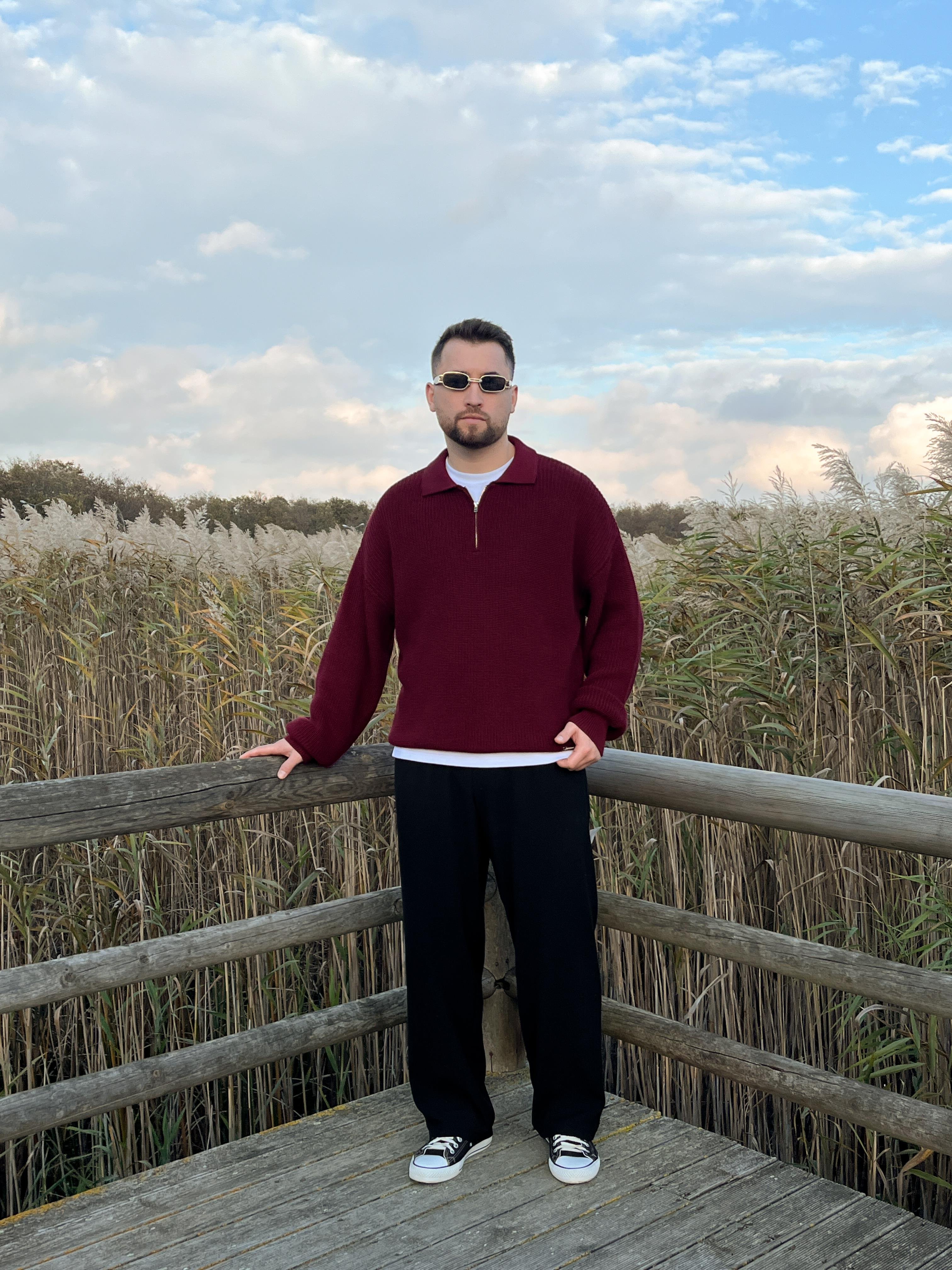 Elite Bordo Zip Polo Oversize Örgü Kazak