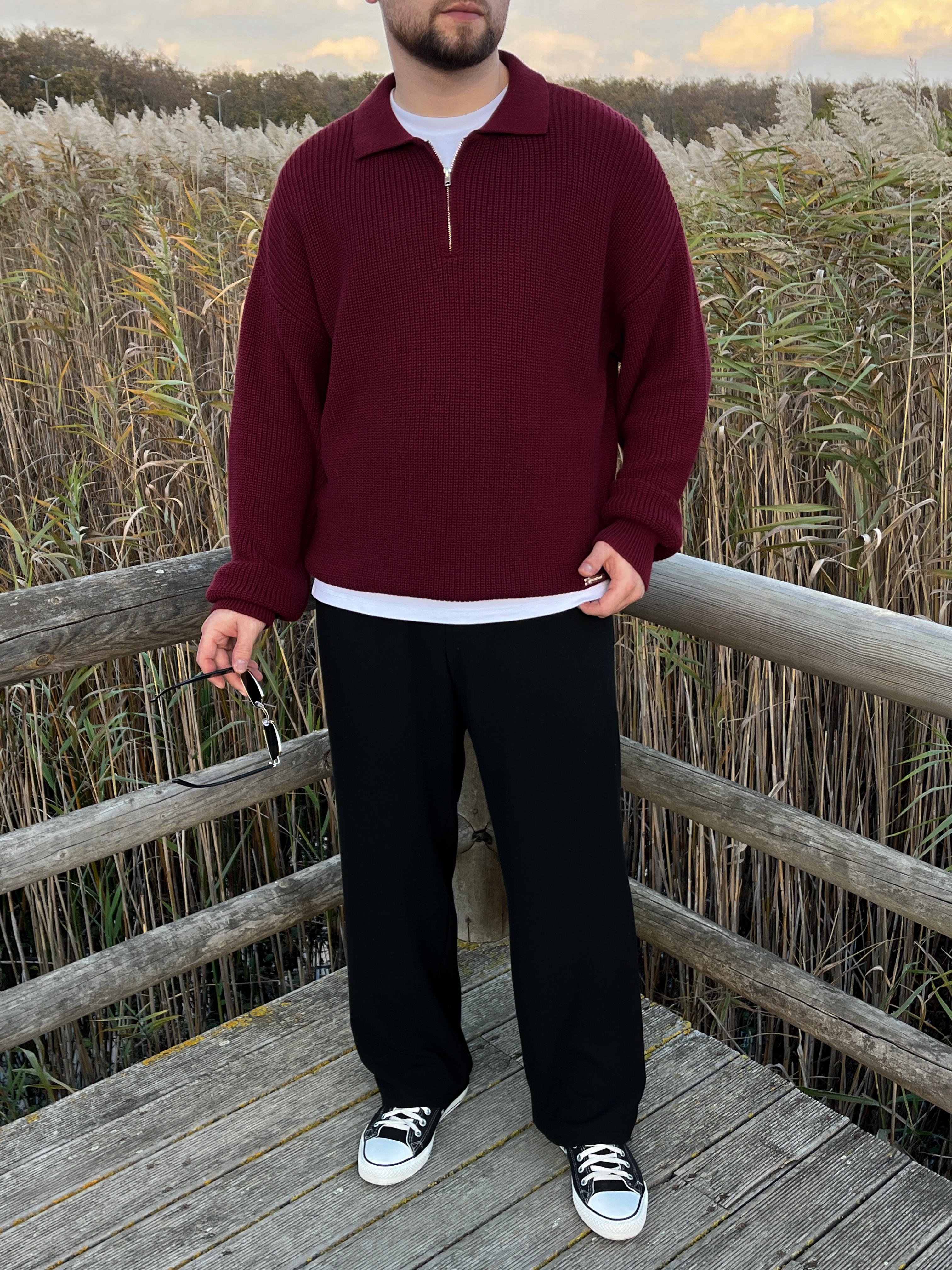 Elite Bordo Zip Polo Oversize Örgü Kazak