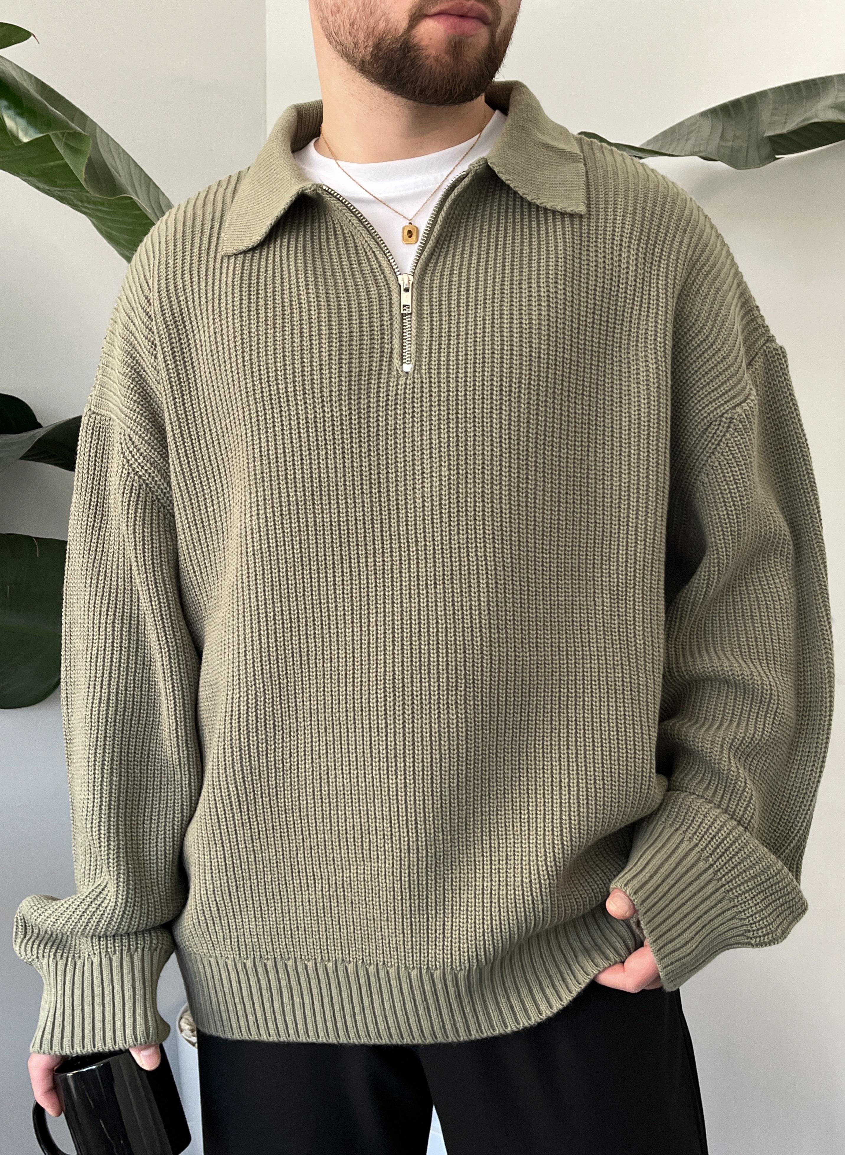 Elite Çağla Zip Polo Oversize Örgü Kazak