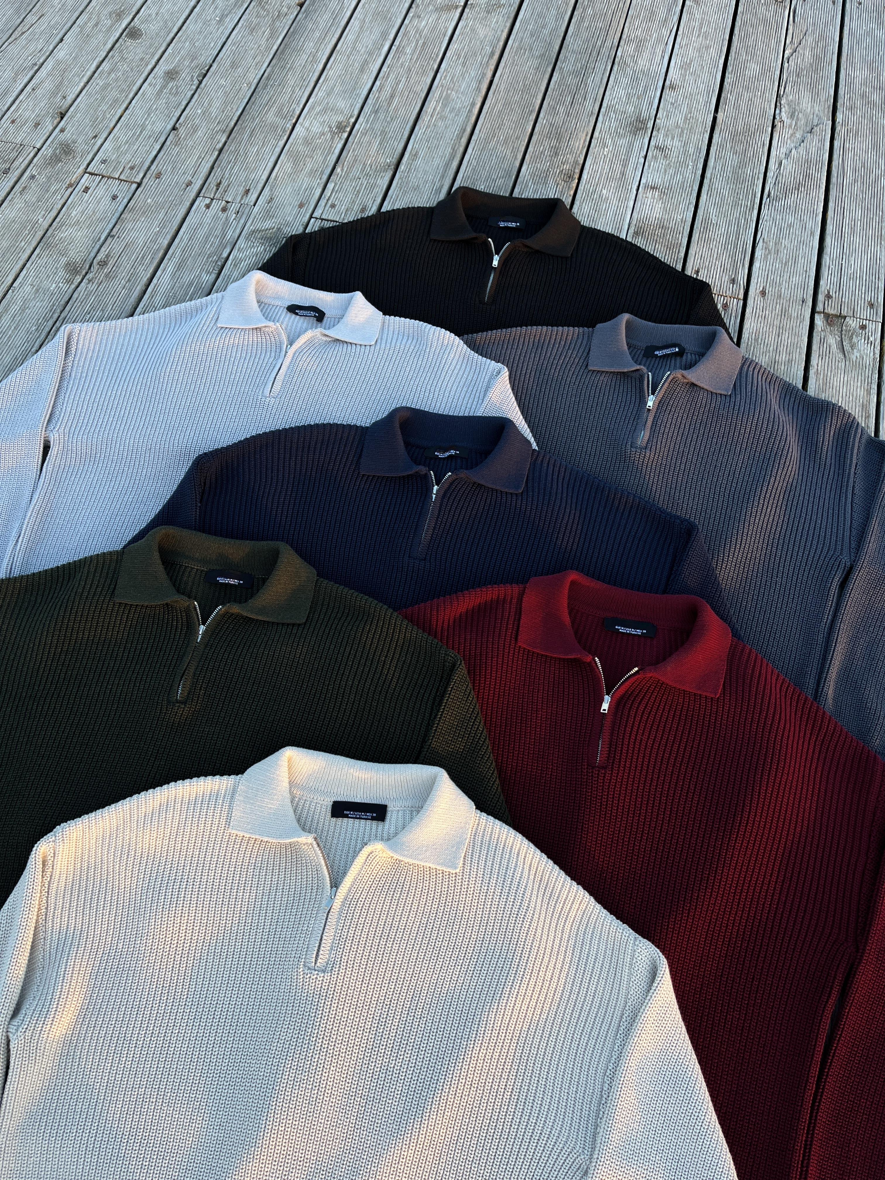 Elite Gri Zip Polo Oversize Örgü Kazak