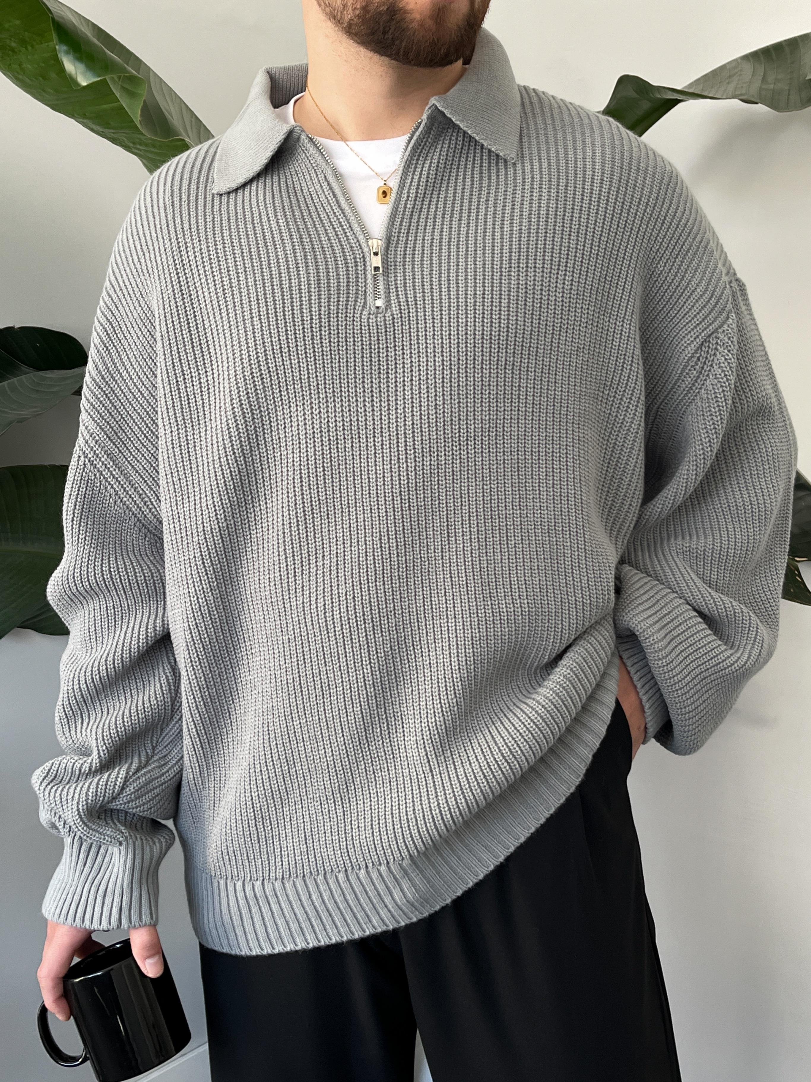 Elite Gri Zip Polo Oversize Örgü Kazak