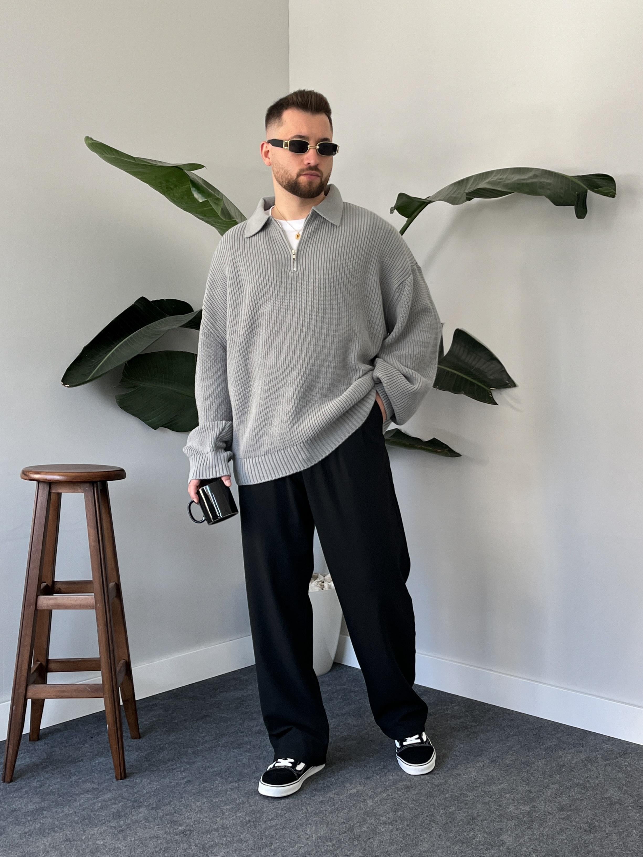 Elite Gri Zip Polo Oversize Örgü Kazak