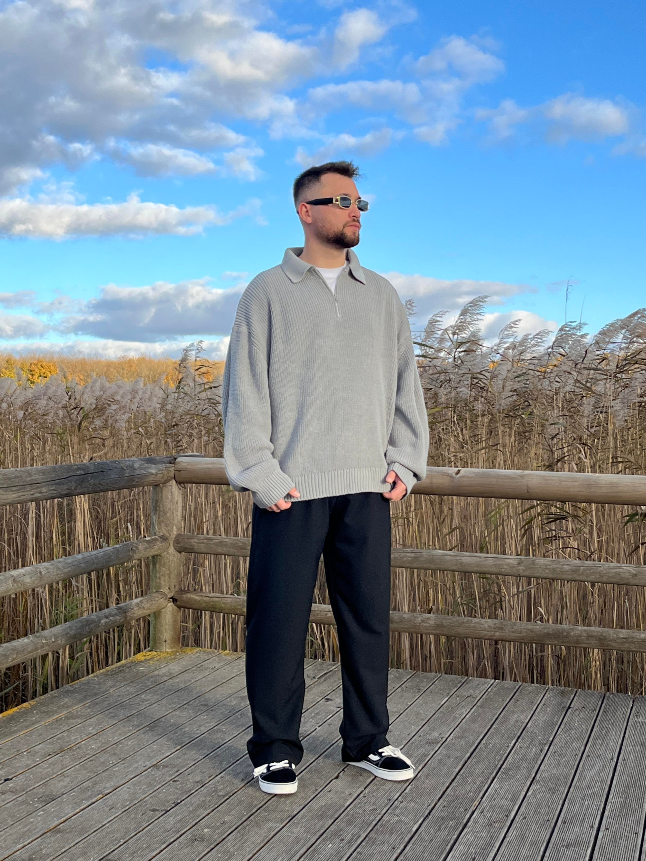 Elite Gri Zip Polo Oversize Örgü Kazak