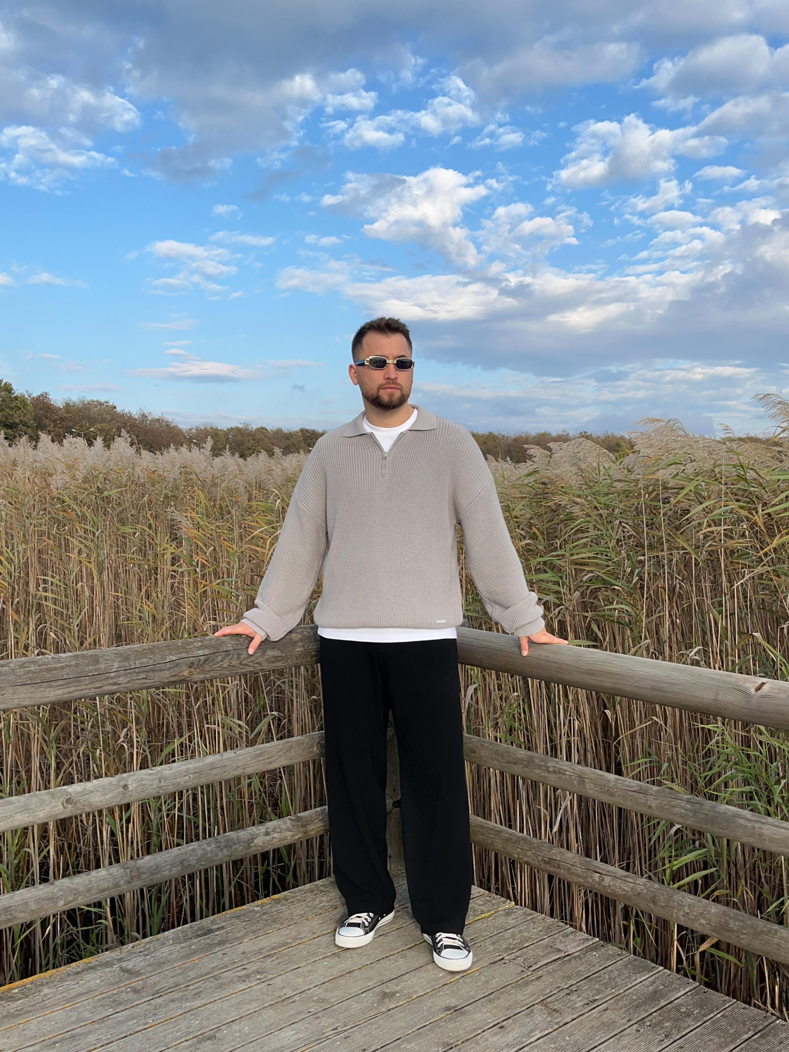 Elite Gri Zip Polo Oversize Örgü Kazak