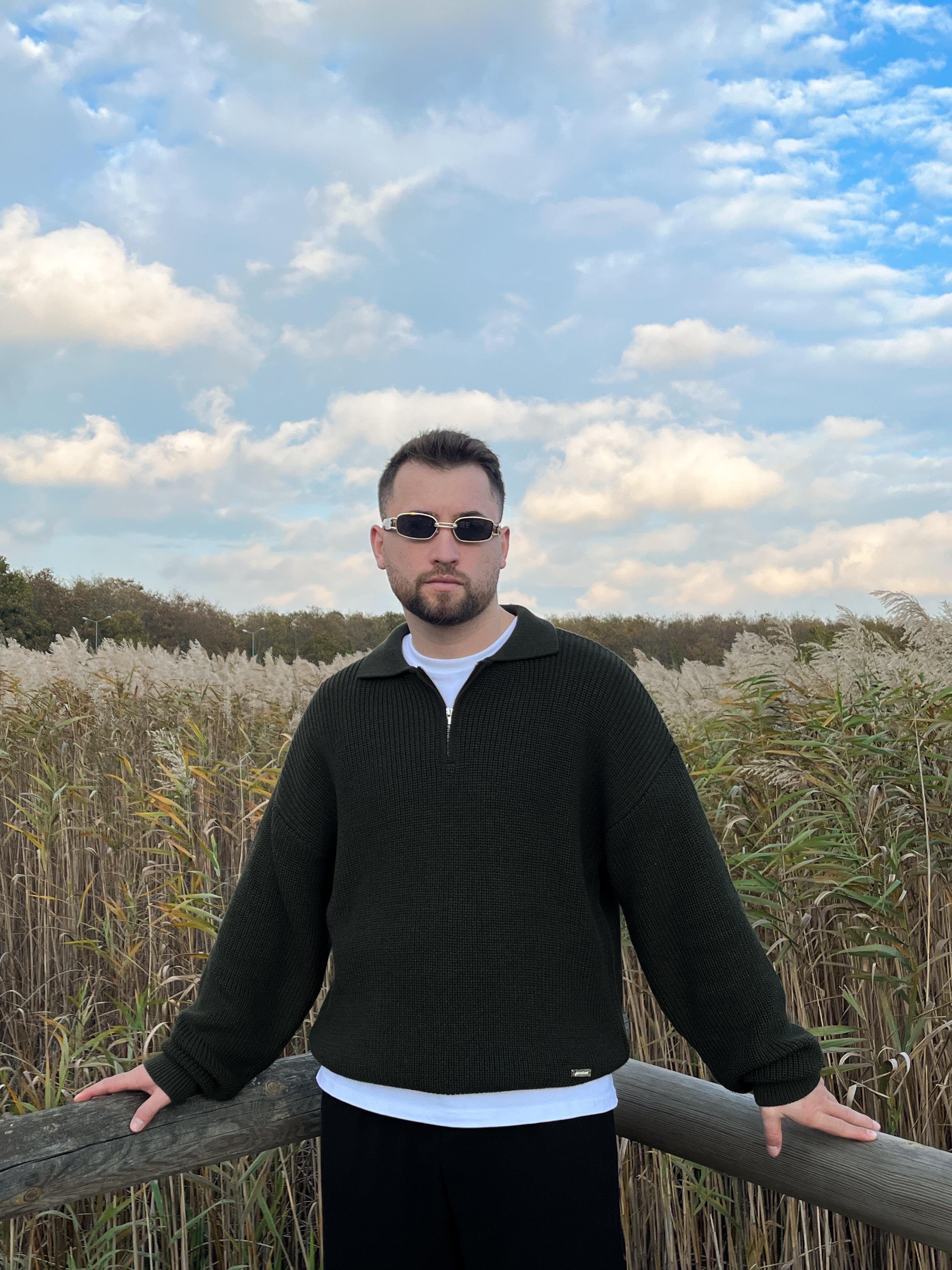 Elite Haki Zip Polo Oversize Örgü Kazak